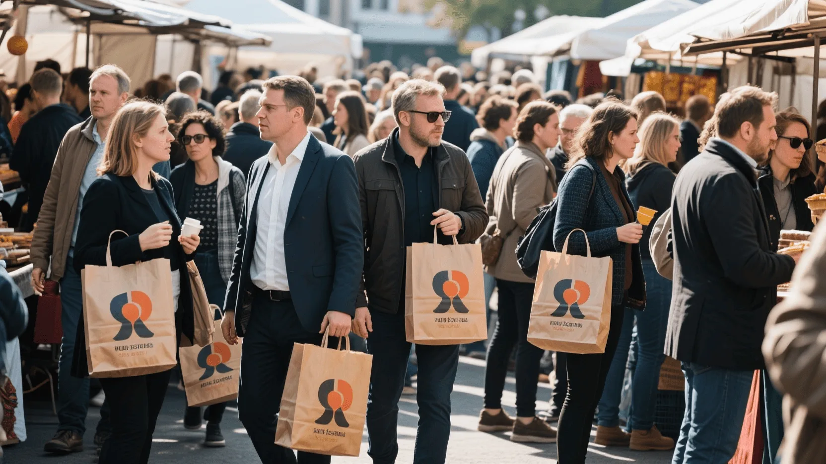 A crowd of people at an outdoor market, with several individuals carrying the same distinctive, branded paper bag.