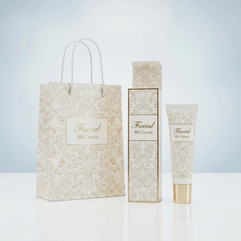 Versatile BB cream tube packaging box showcasing coverage and skincare benefits for multifunctional beauty products