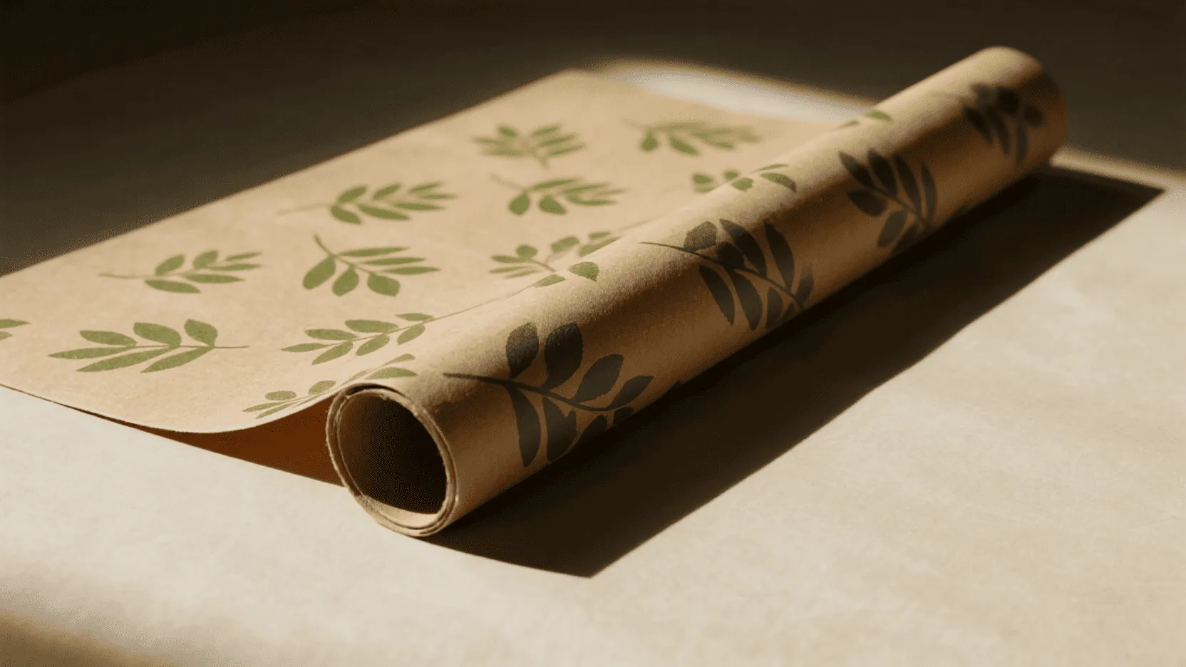 Kraft wrapping paper decorated with a simple, elegant pattern of green leaves.