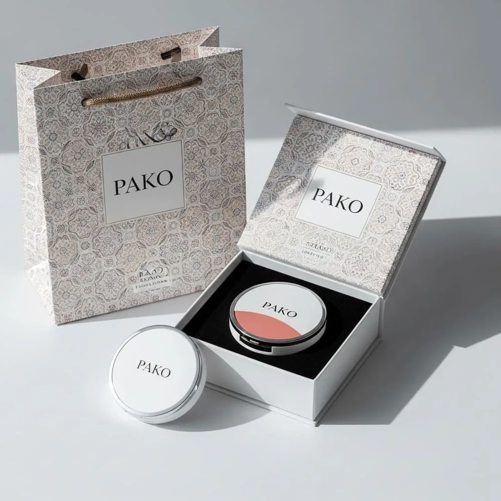 Feminine blush compact packaging box with mirror and brush inclusion for complete makeup application experience