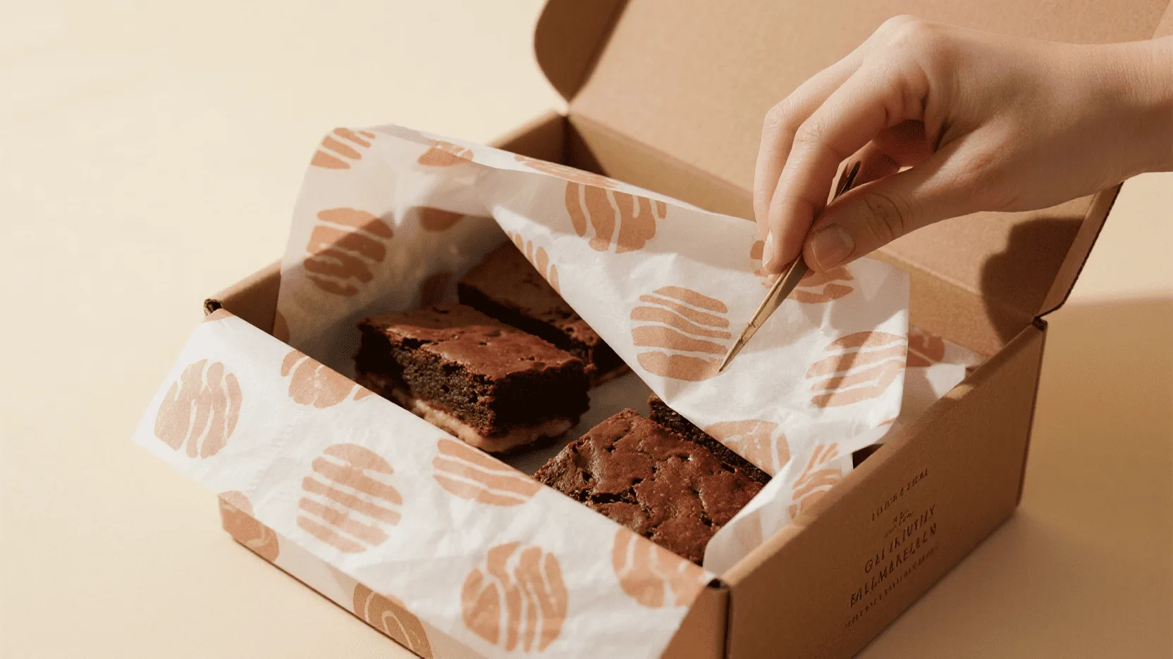 A close-up of custom-printed tissue paper being unwrapped to reveal a set of artisanal brownies inside a subscription box.
