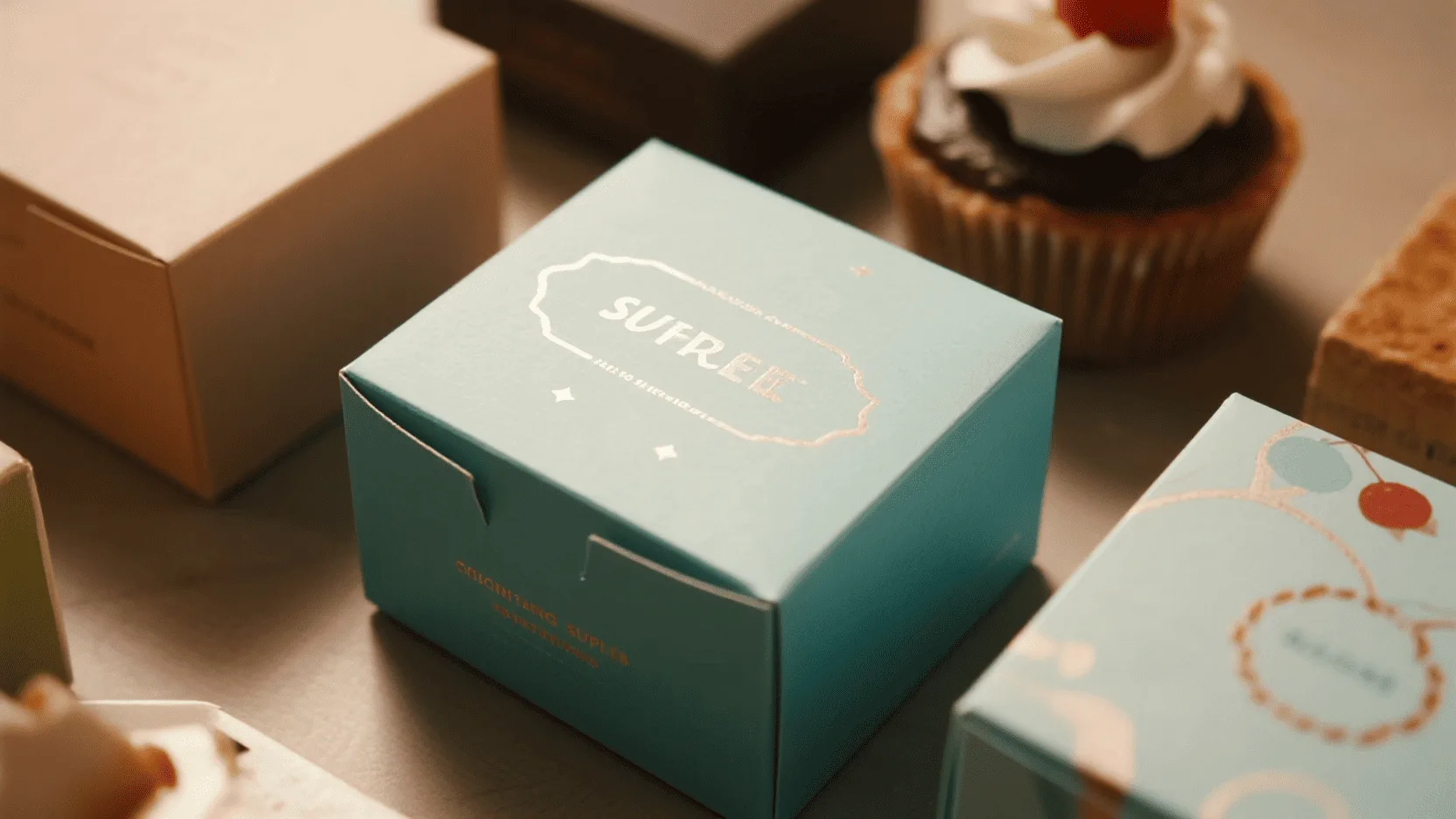 A procurement manager comparing two different cake box samples at a desk with spreadsheets in the background.