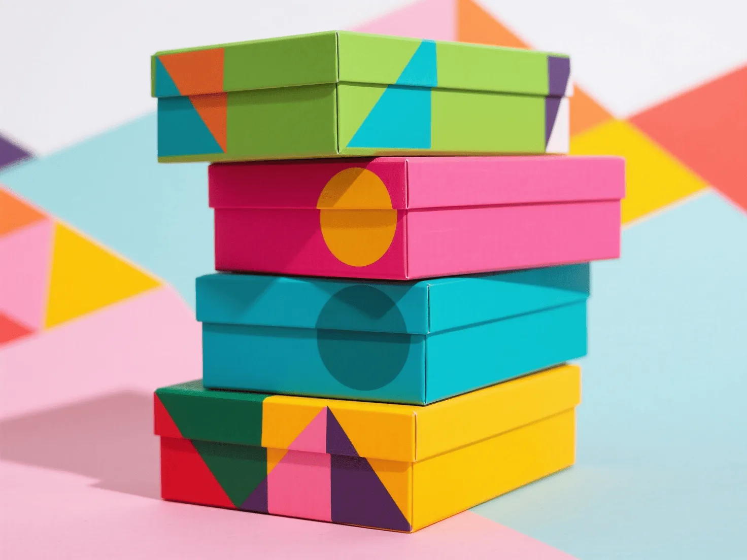 A stack of vibrant, modern boxes featuring bold geometric shapes and contrasting colors.