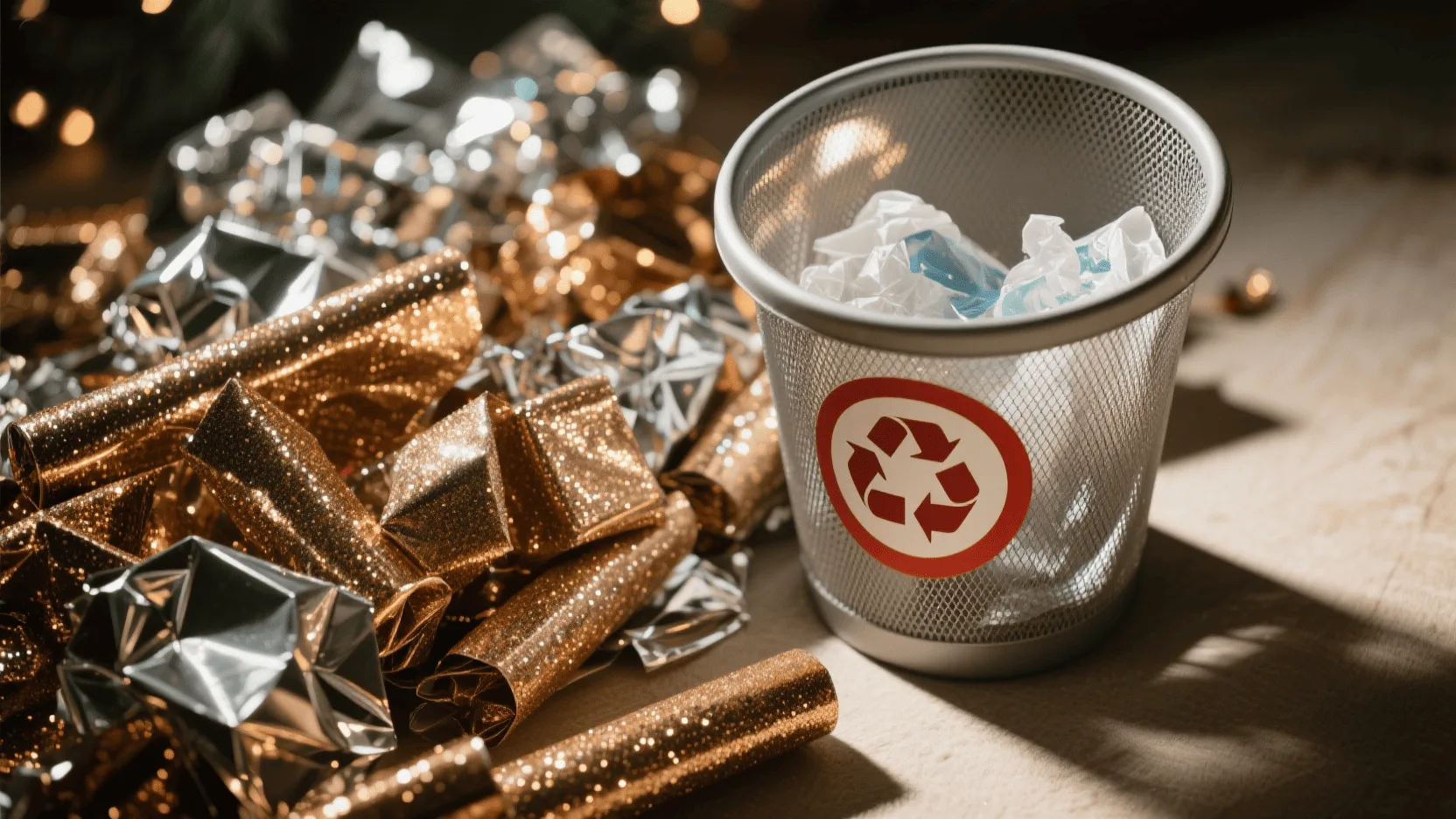 A pile of shiny, glittery, and metallic Christmas wrapping paper next to a recycling bin with a 