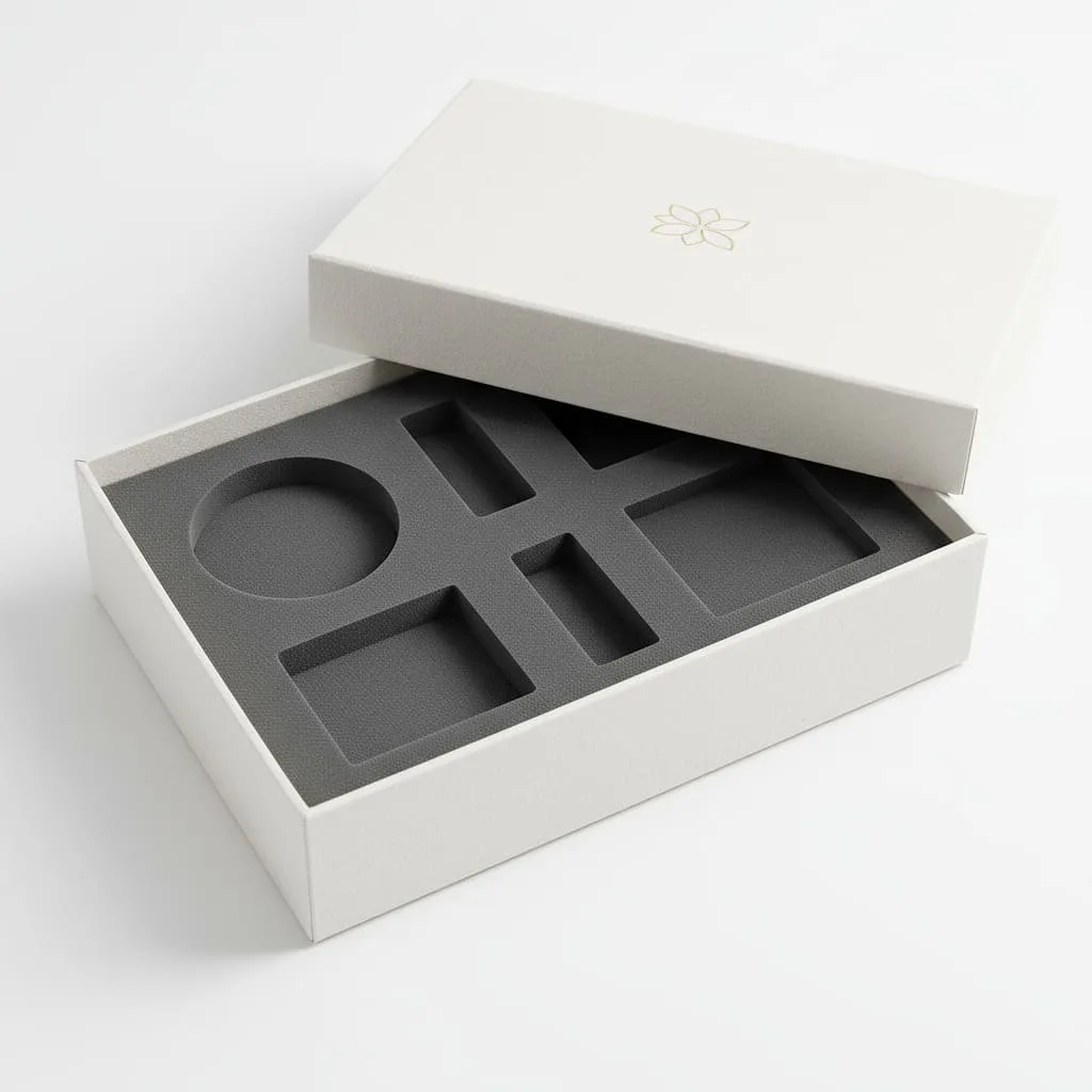 EVA foam cosmetic insert with custom-cut compartments for shock absorption and product protection