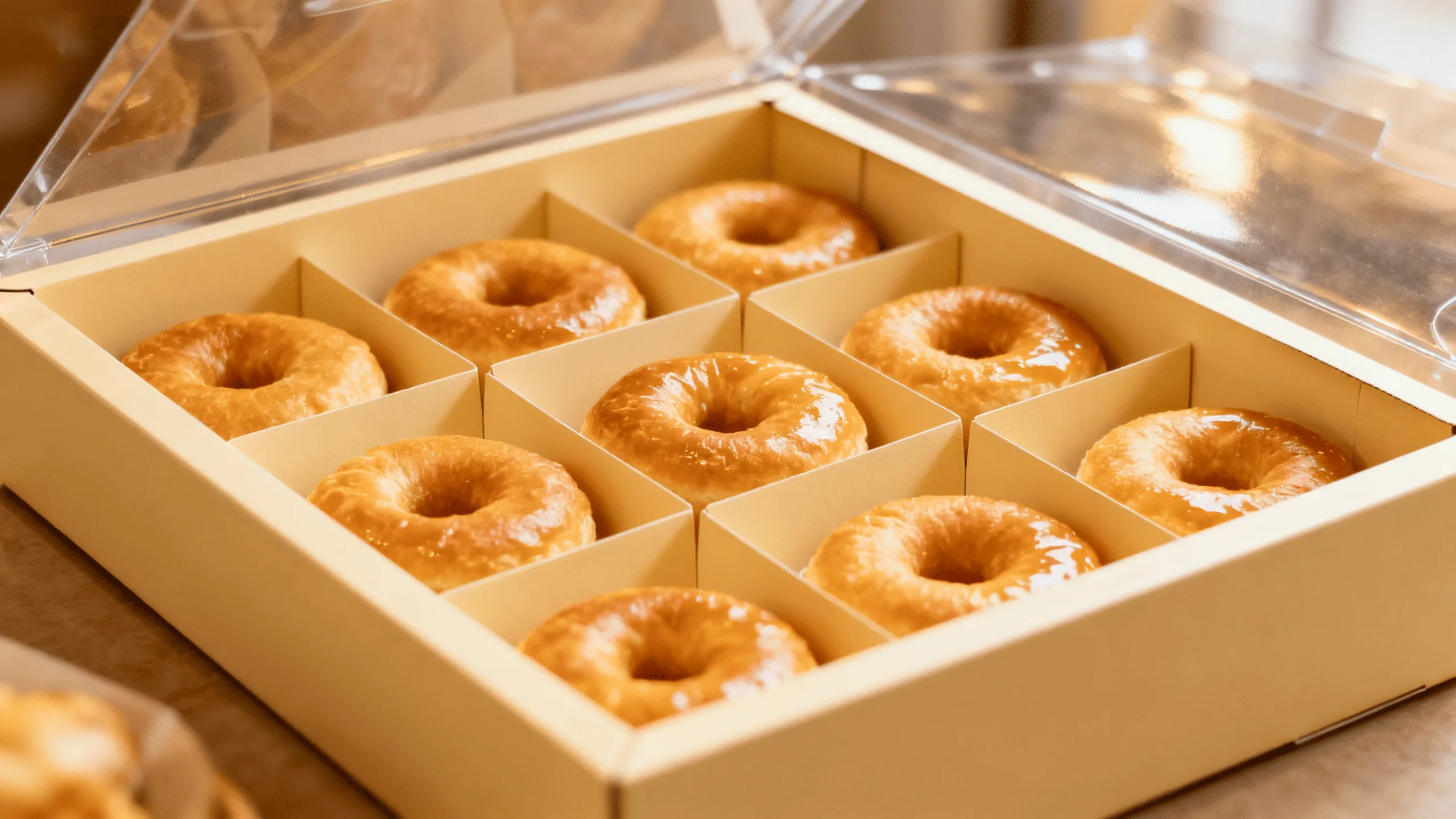 An open donut box with perfectly spaced, artisanal donuts nestled securely in custom paperboard inserts.