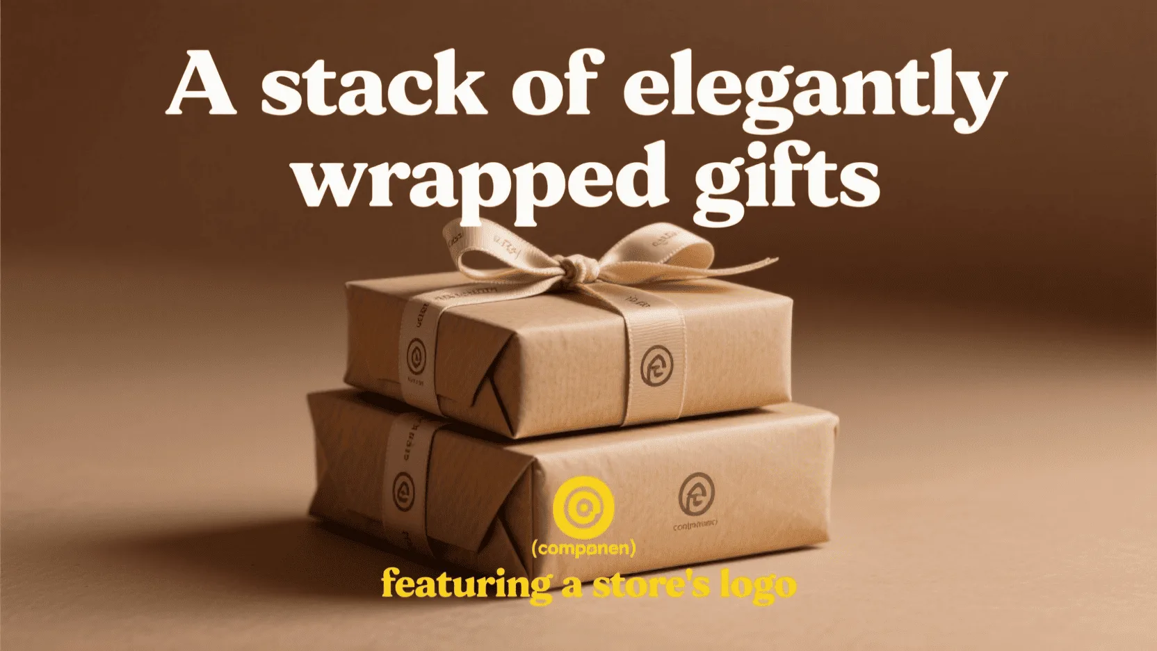 A stack of elegantly wrapped gifts in custom-printed kraft paper, featuring a store's logo, tied with branded ribbons.