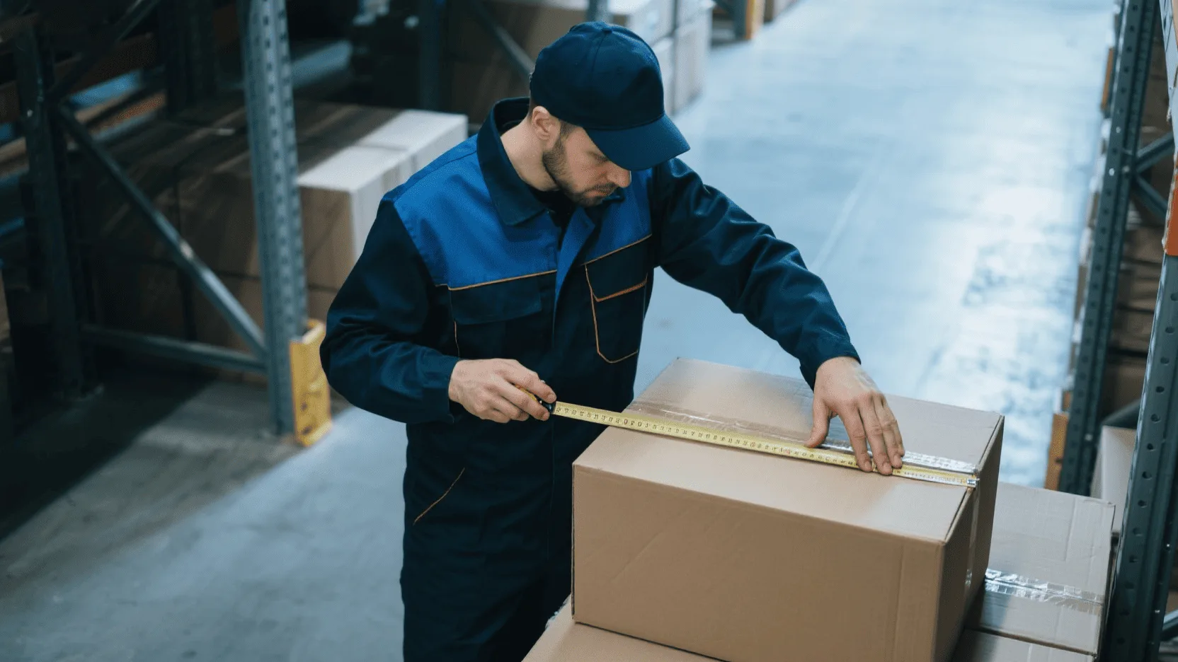 A warehouse worker using a tape measure on a box, demonstrating the importance of dimensions for shipping calculations.