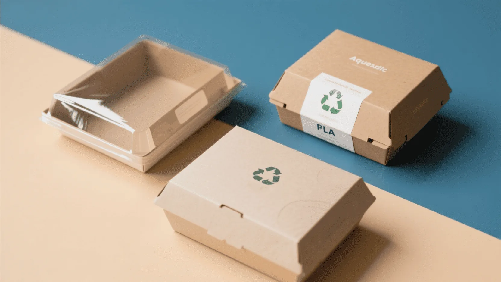 A collage showing three different baking boxes, one shiny (PE), one with a natural matte finish (Aqueous), and one with a compostable logo (PLA).