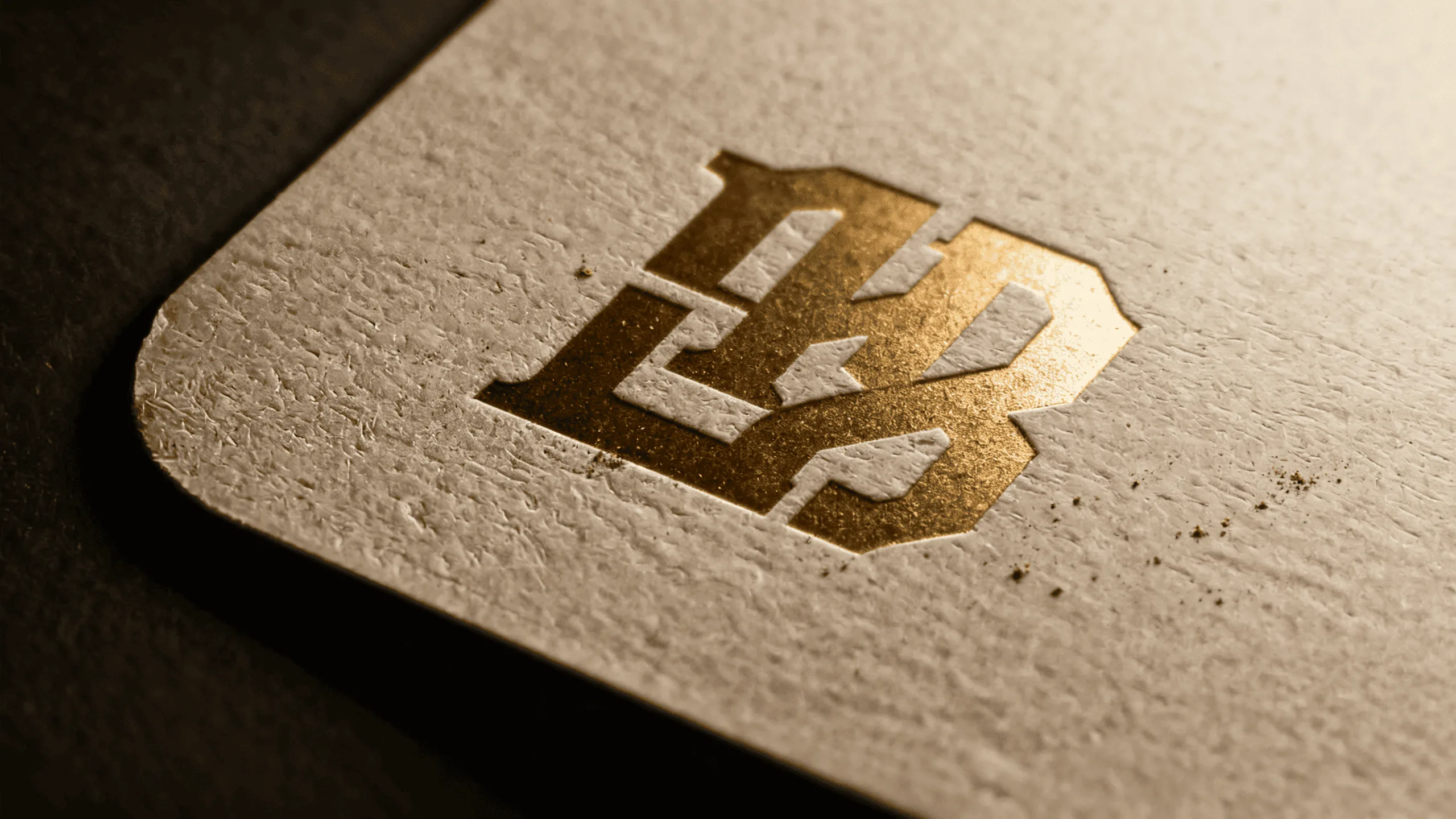 A close-up showing the raised, three-dimensional texture of an embossed logo on thick paper stock.