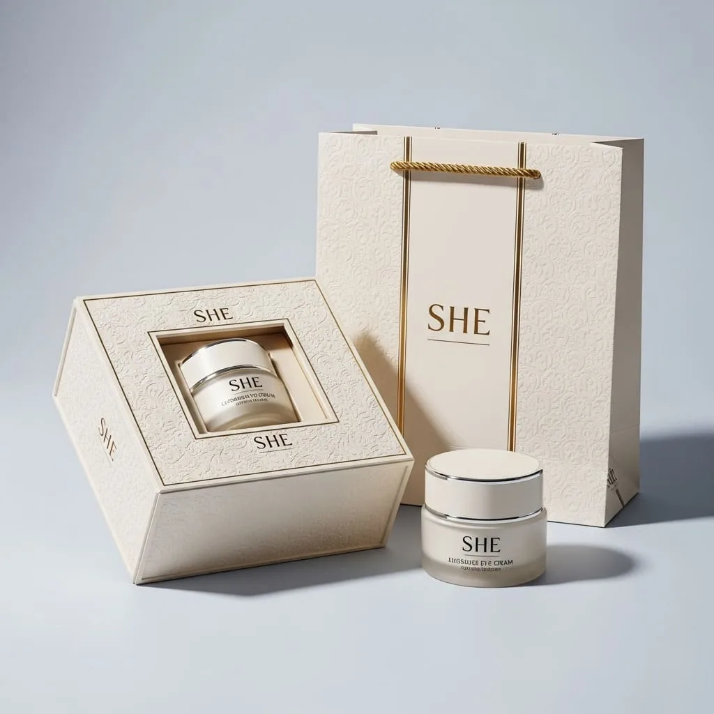 Delicate eye cream jar packaging box with anti-aging positioning and premium skincare presentation