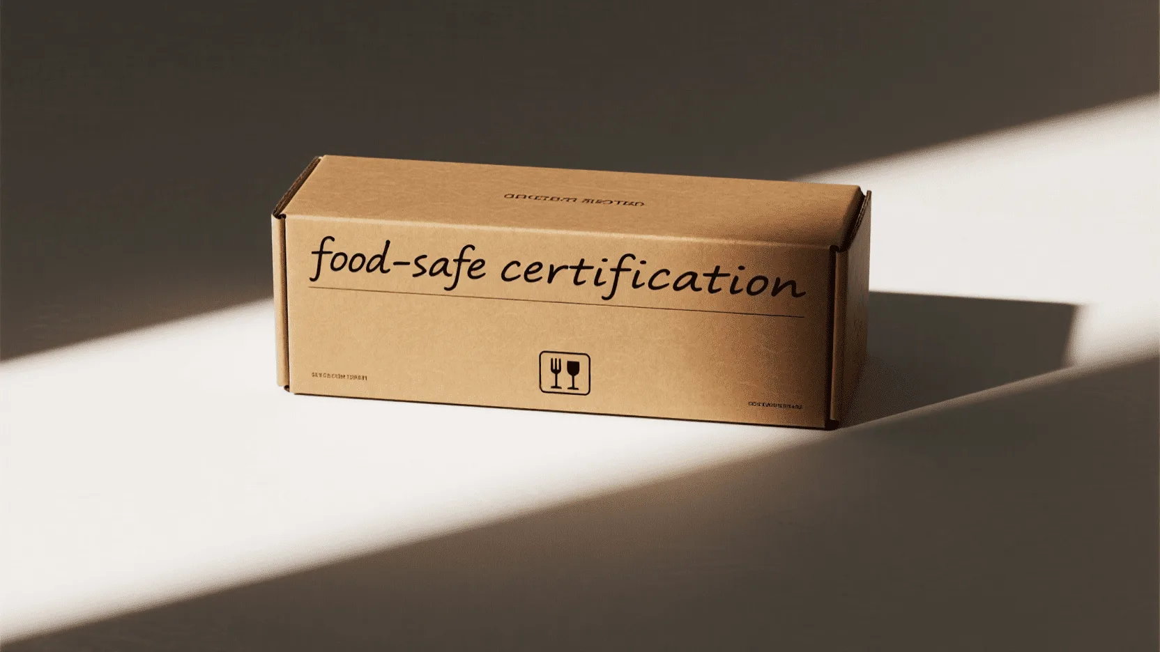A close-up of a food-safe certification symbol (like the fork and wine glass symbol) printed on the bottom of a paper box.