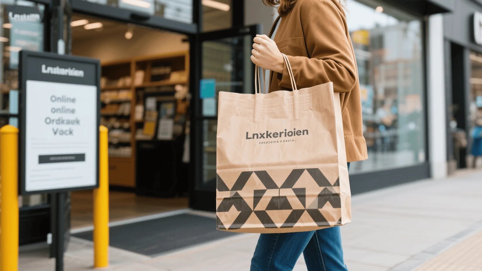 A customer leaving a store with a stylish, custom-branded paper bag from their online order pickup.