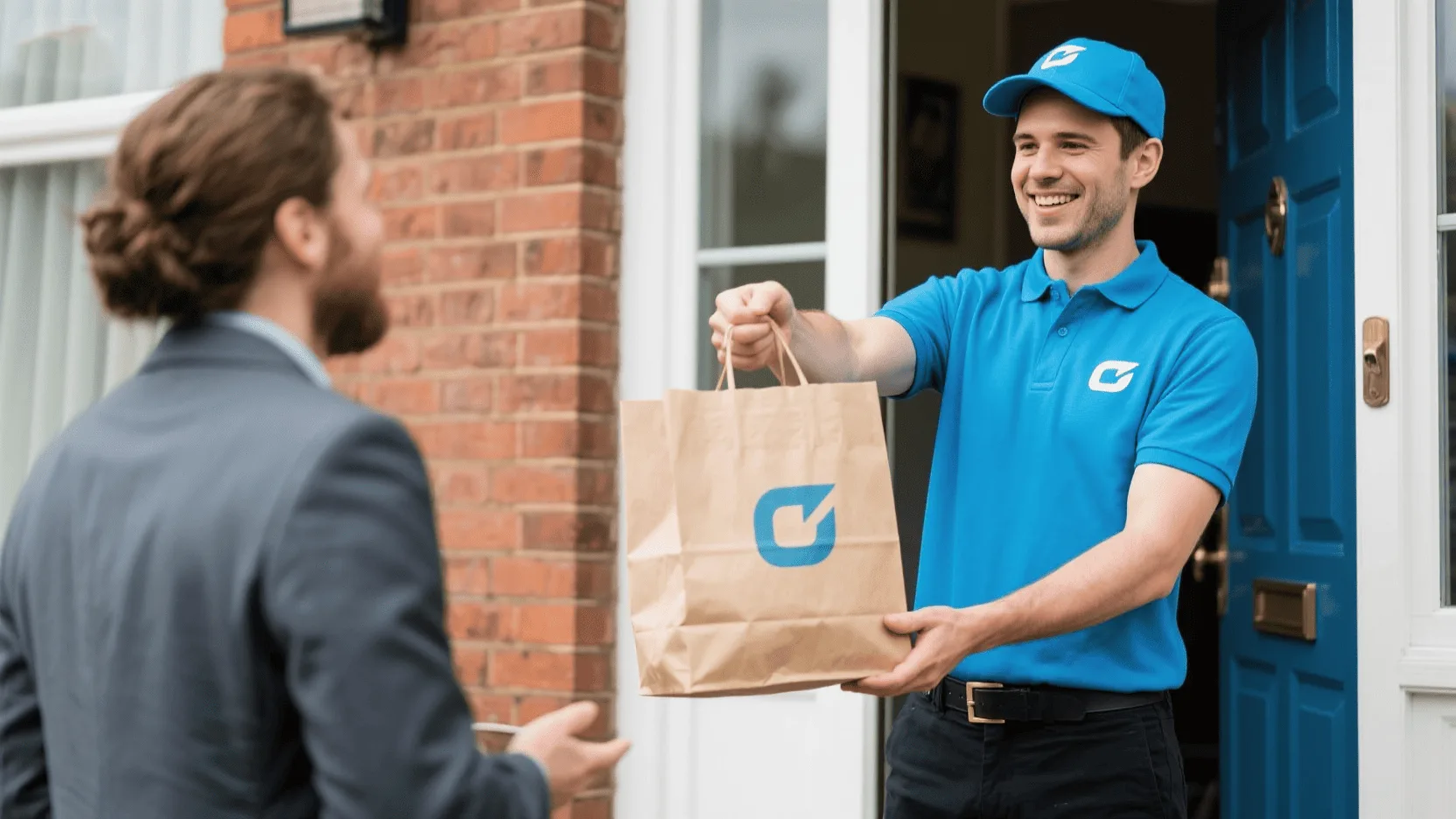 A friendly delivery driver handing a branded paper bag to a customer at their front door.