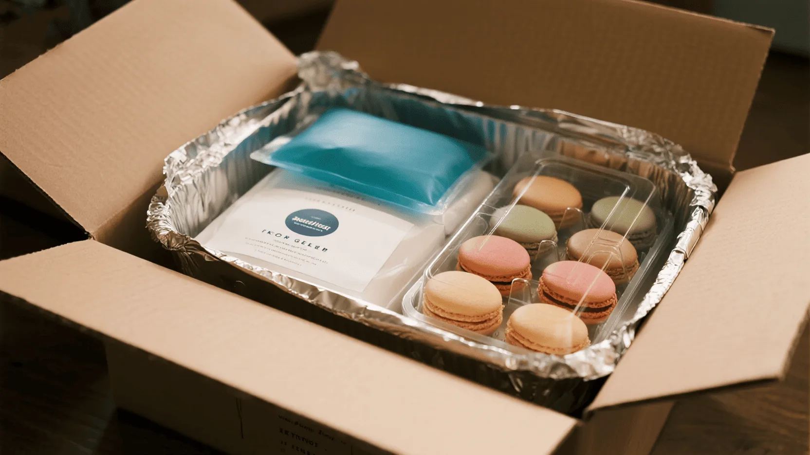 An open shipping box prepared for nationwide transit, showing a foil insulated liner, frozen gel packs, and a sealed tray of macarons.