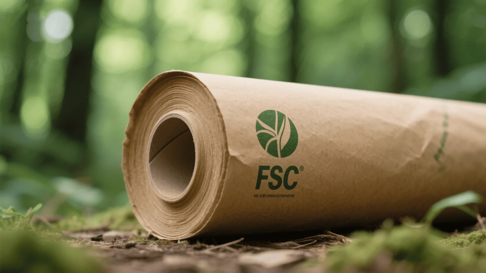 A roll of brown kraft paper with an FSC certification logo visible, set against a backdrop of a green forest.