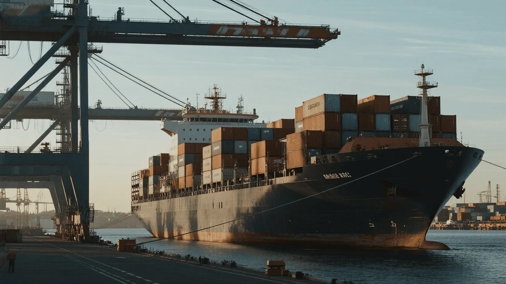 A cargo ship loaded with containers at a busy port, symbolizing global logistics.