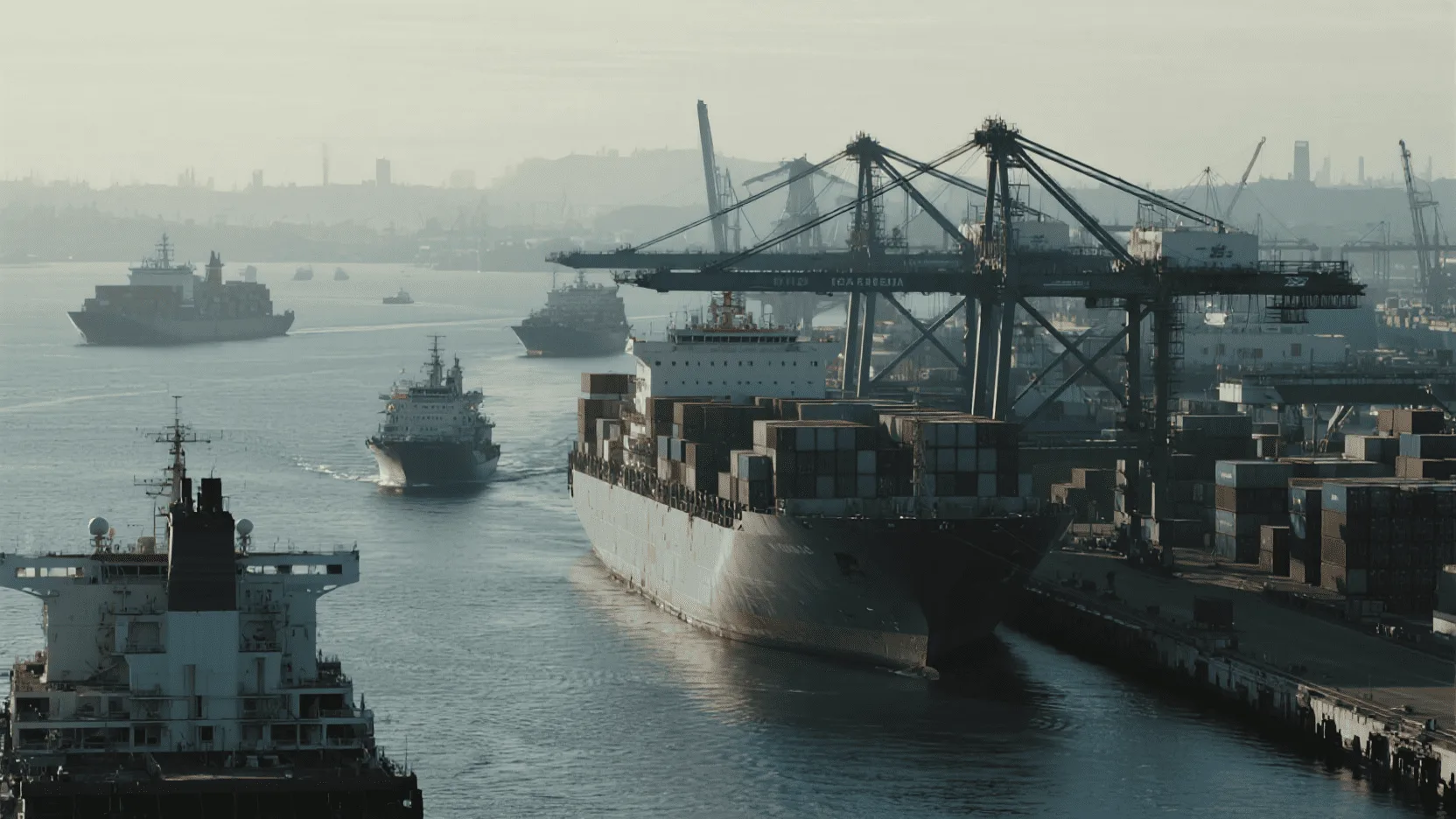 A large cargo ship loaded with containers at a port, representing the complexities of international logistics and shipping.