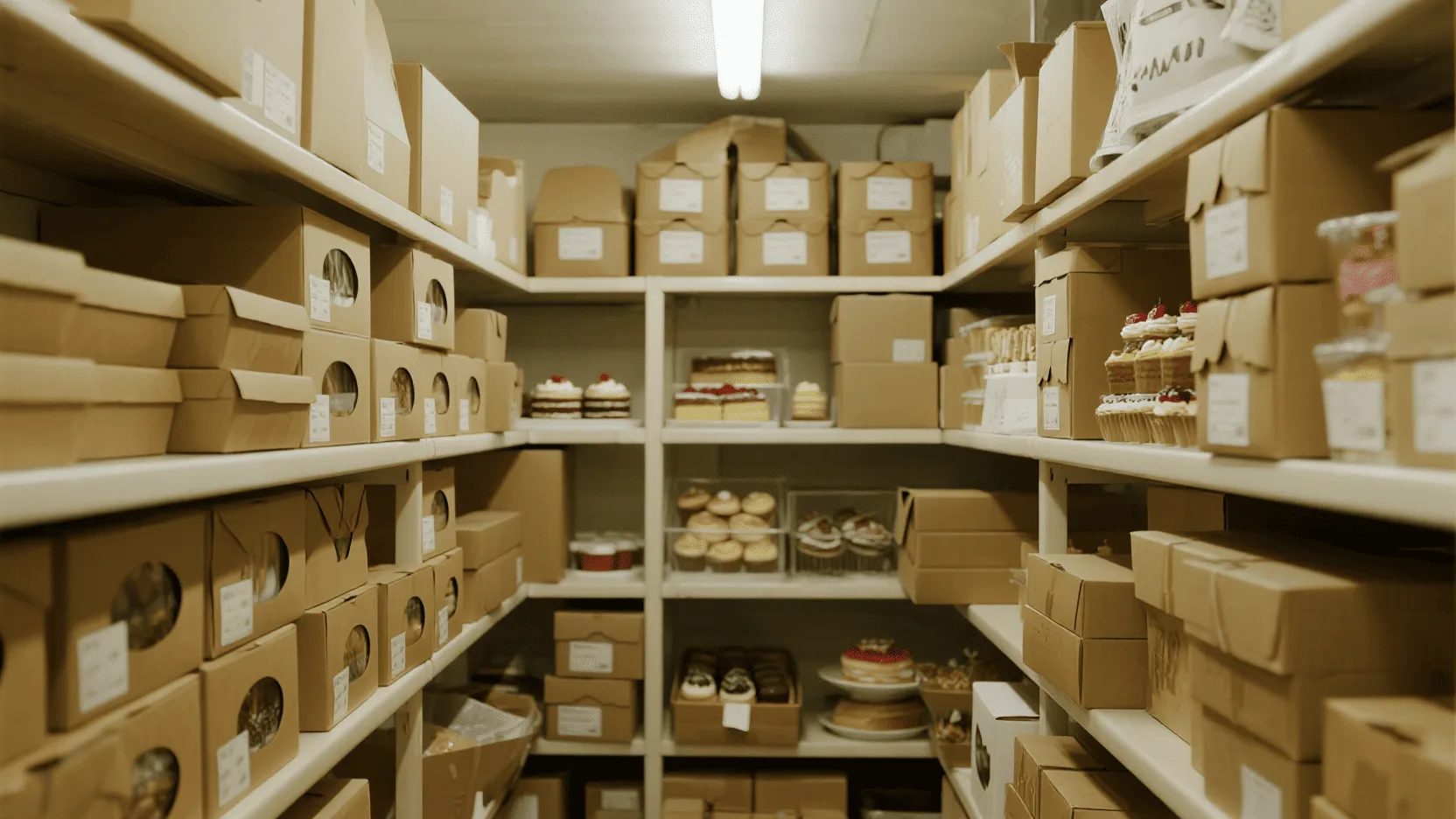 Stacks of flat-packed brown boxes filling up shelves in a small warehouse storage room.