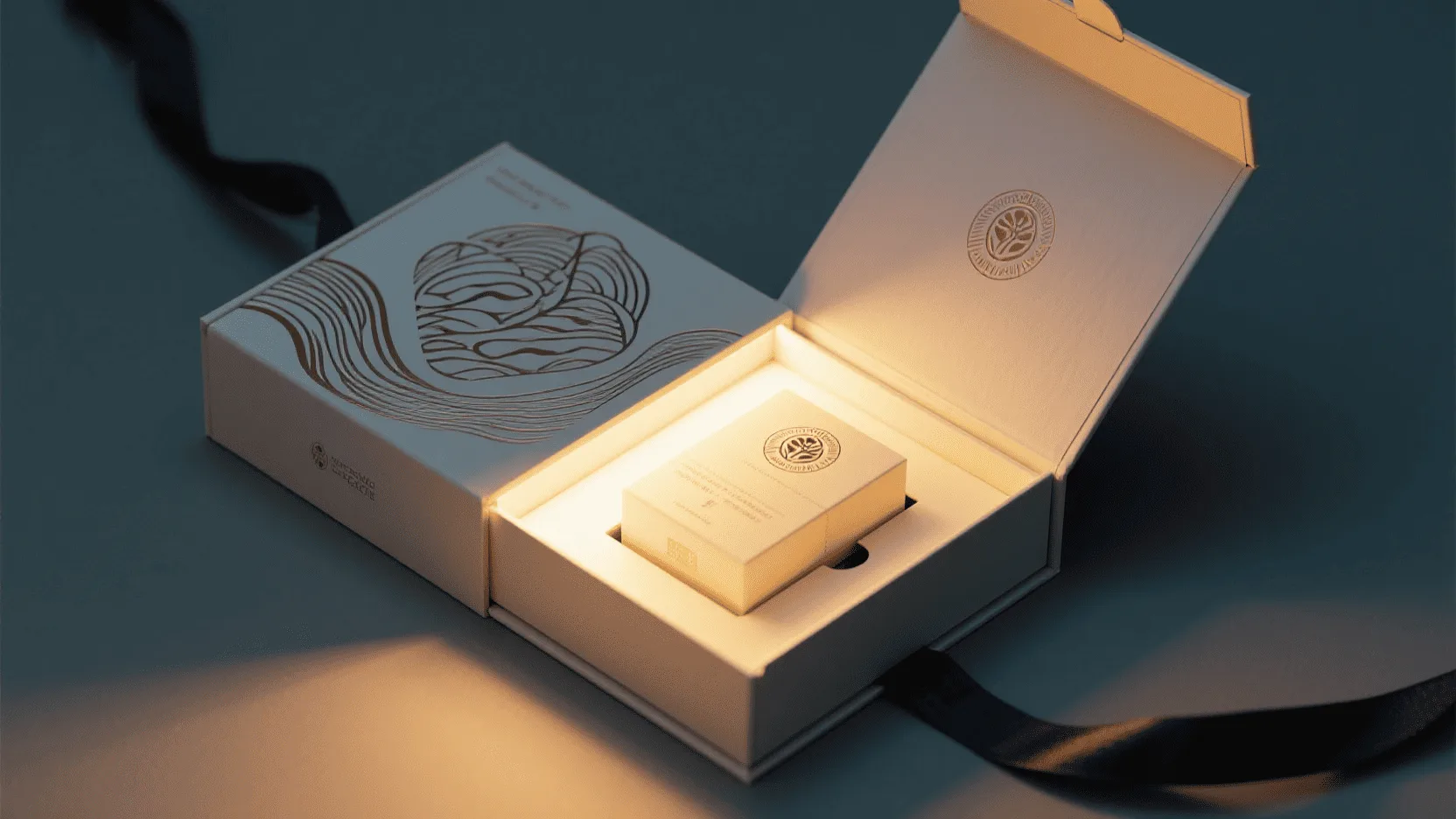 A beautifully designed custom box opening to reveal a product, with light glowing from within.