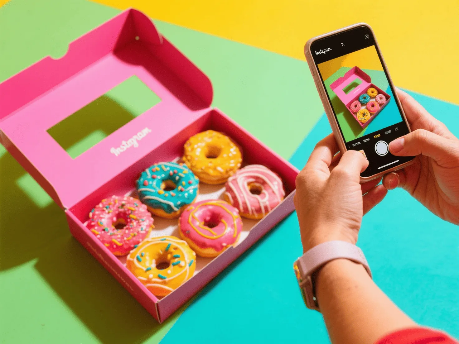 A person taking a photo of a stylish donut box for their Instagram feed.