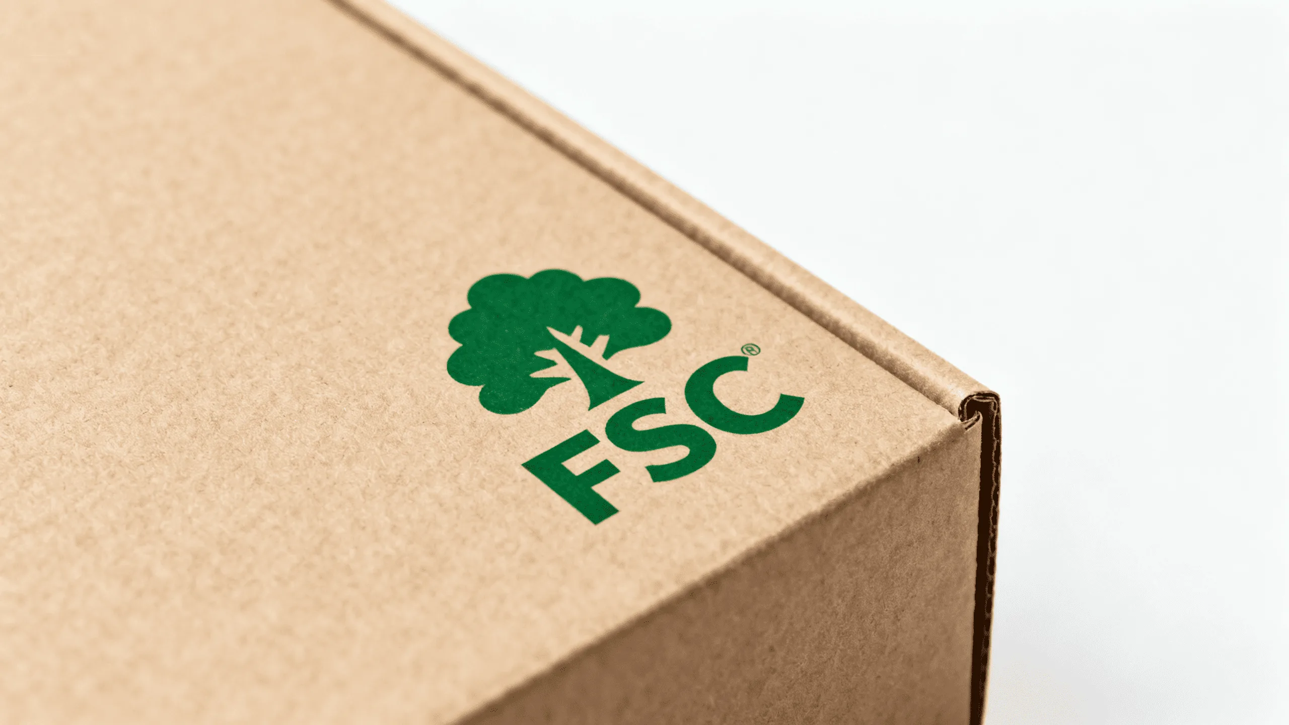 A close-up of the FSC (Forest Stewardship Council) logo printed on the bottom of a paper box.
