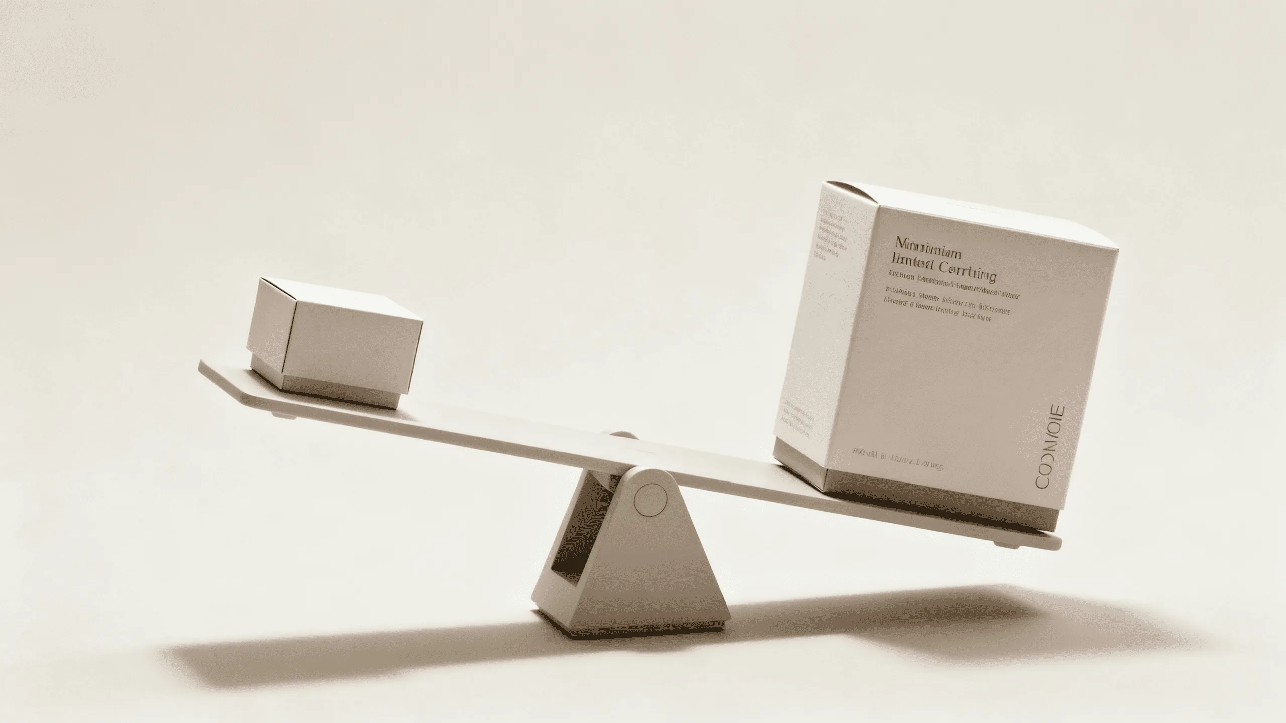 A scale showing a small, lightweight minimalist box weighing significantly less than a large, multi-layered traditional cosmetic box.