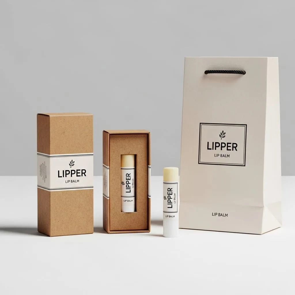 Eco-friendly lip balm tube packaging box highlighting natural ingredients and sustainable beauty products