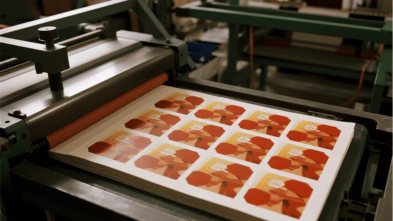 A printing press running a detailed, multi-color design onto a large sheet of white paper.