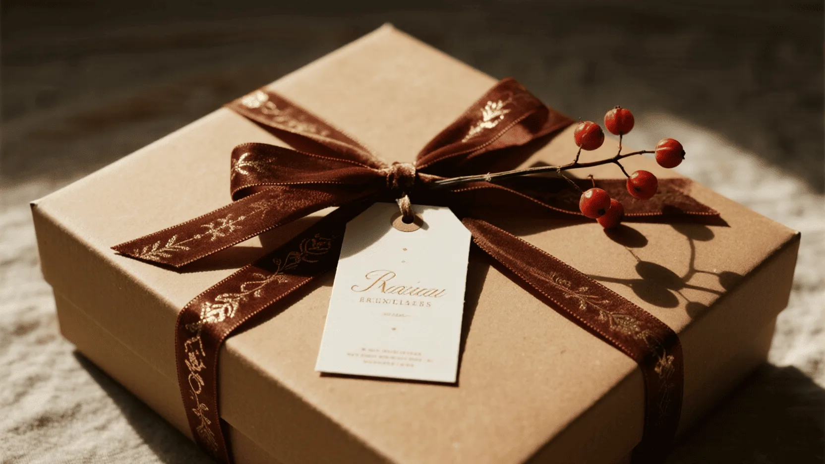 A close-up of a kraft-wrapped gift adorned with a wide velvet ribbon, a sprig of dried berries, and a custom-printed paper tag.