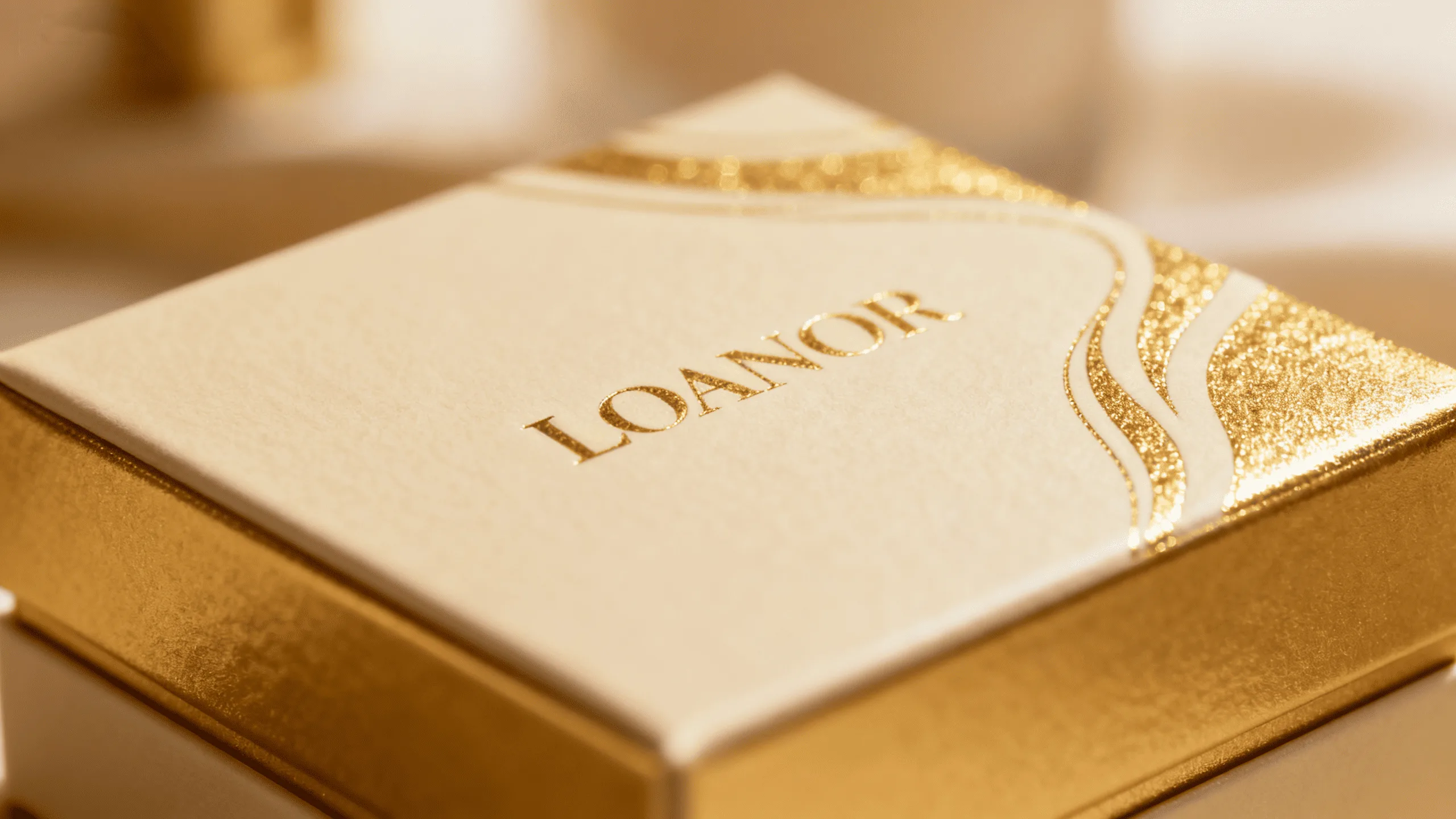 A close-up of a beautiful cosmetic box with gold foil stamping and a soft-touch finish.