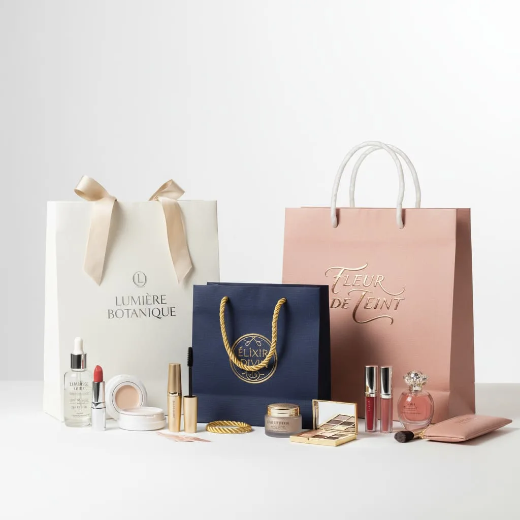 Premium luxury cosmetic shopping bag with ribbon handles for high-end beauty retail and gift presentation