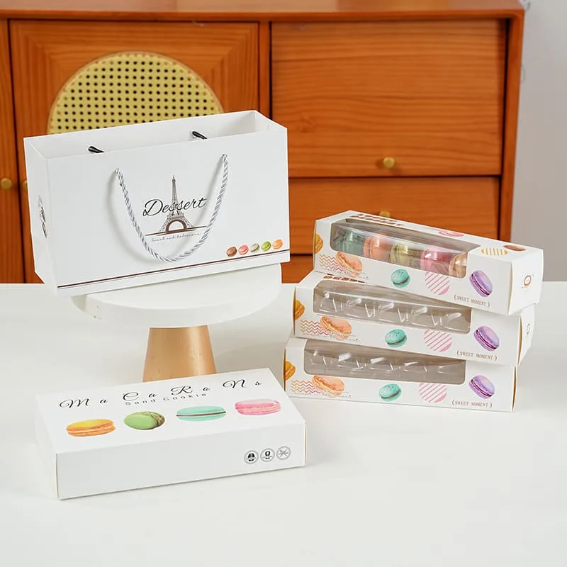 Macaron packaging boxes with clear lids and carry bags
