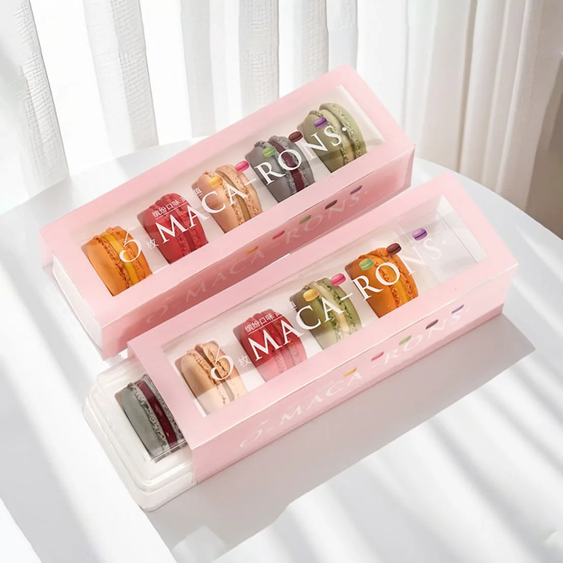 Luxury macaron boxes with ribbon closures