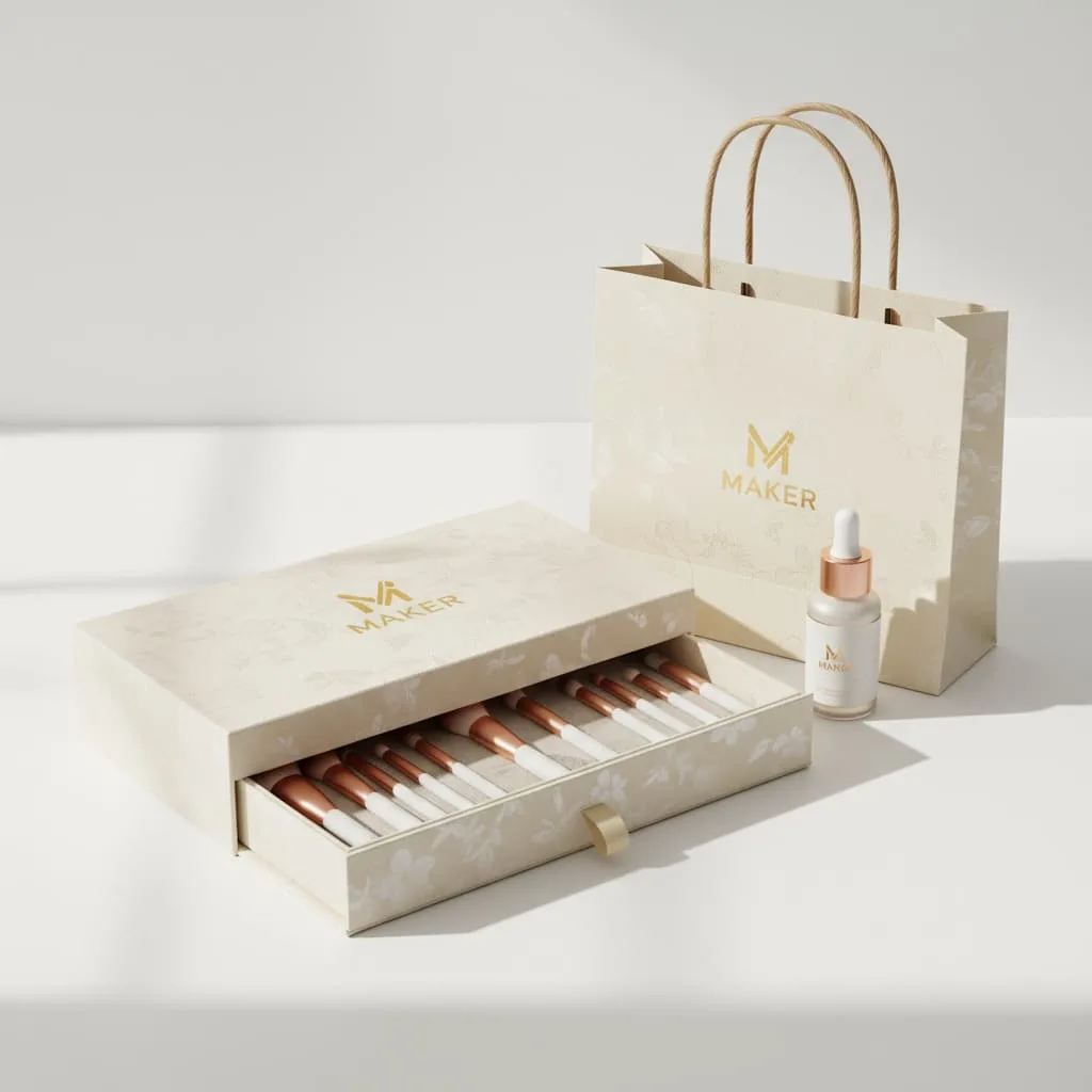 Organized makeup brush set packaging box with individual slots for professional brush storage and presentation