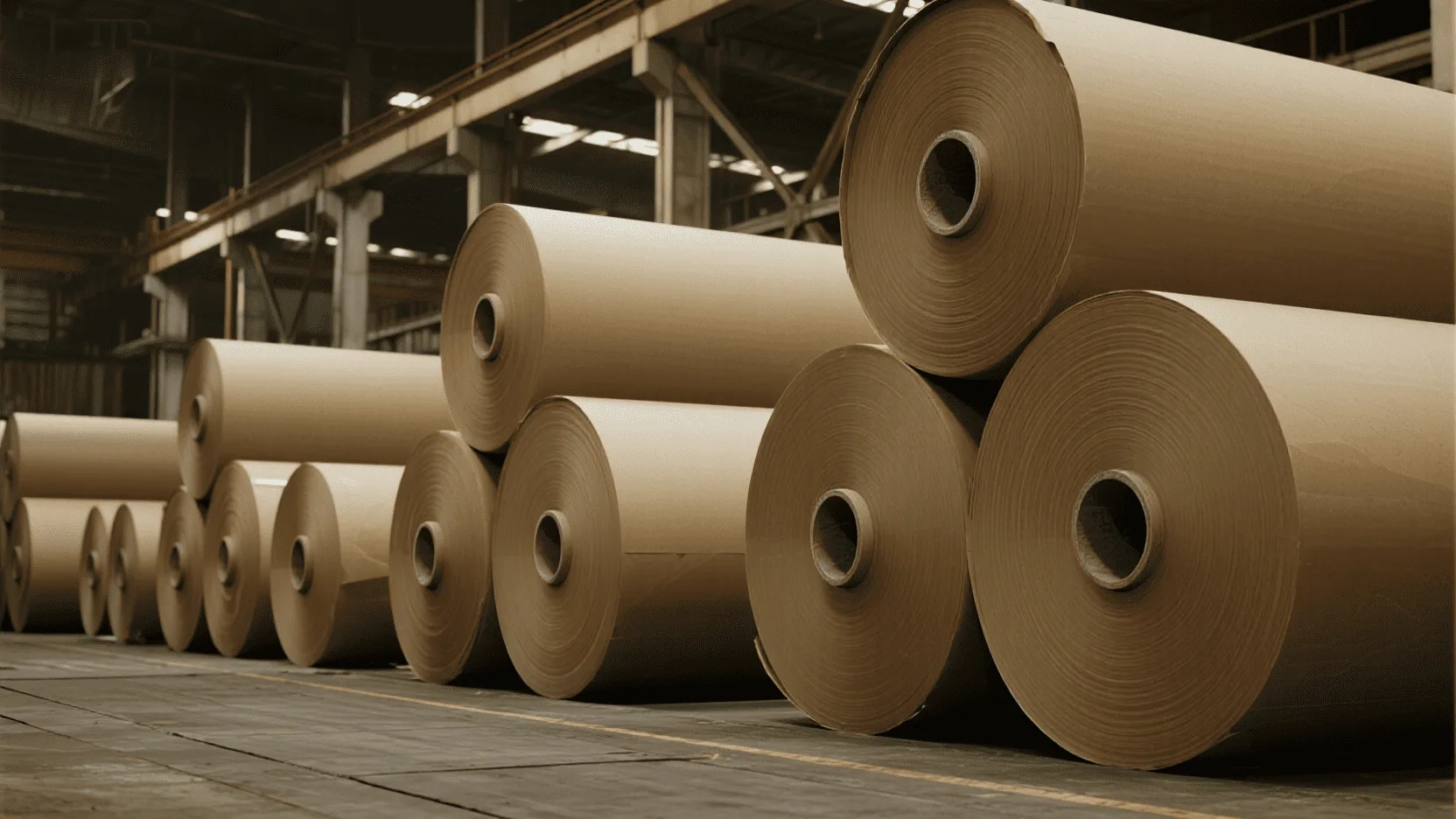 A large warehouse stacked high with massive rolls of kraft paper, showing the scale of bulk purchasing.
