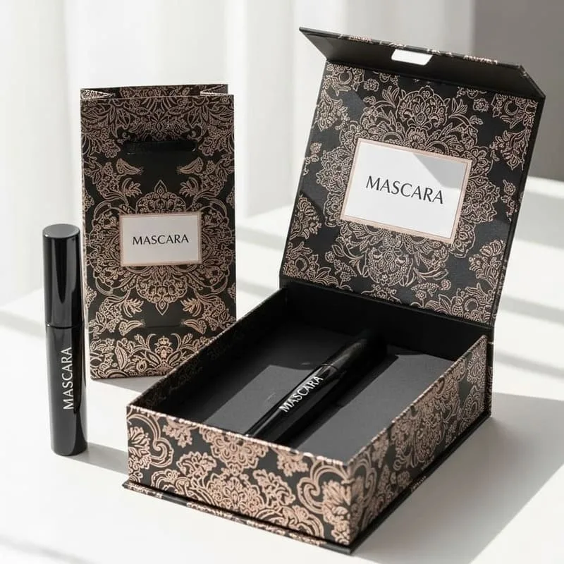 Magnetic flip-top rigid cosmetic beauty box for mascara tubes and slim bottles