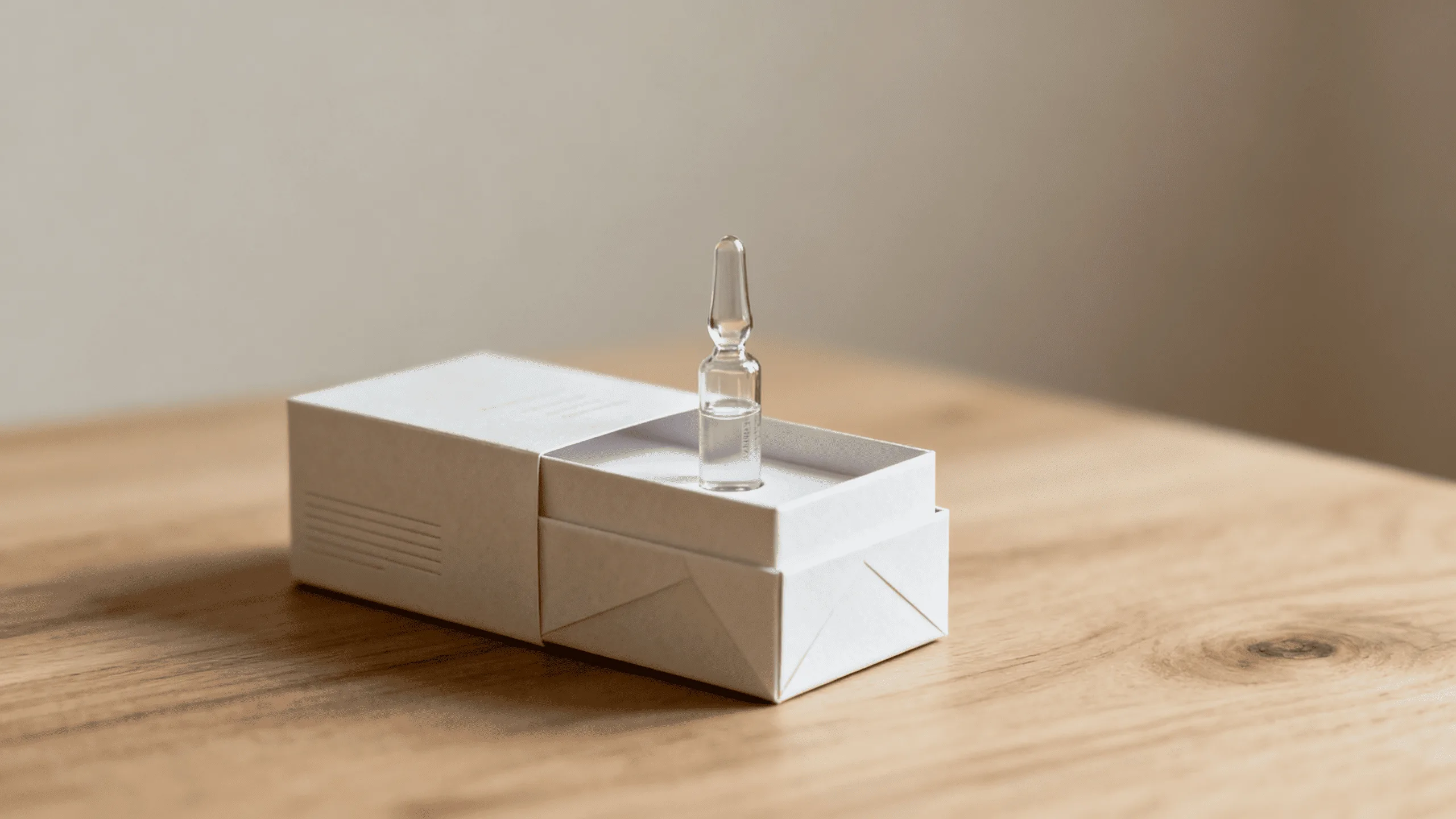 A beautifully crafted, minimalist paper box holding a single cosmetic ampoule, sitting on a clean, natural surface.
