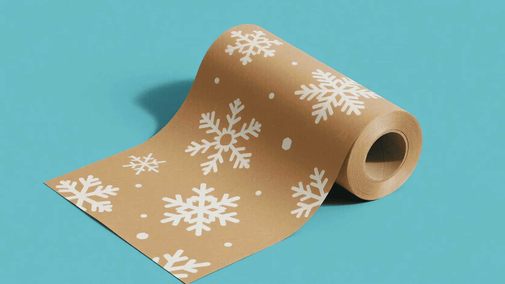 A roll of brown kraft paper featuring a simple yet elegant white snowflake pattern print.