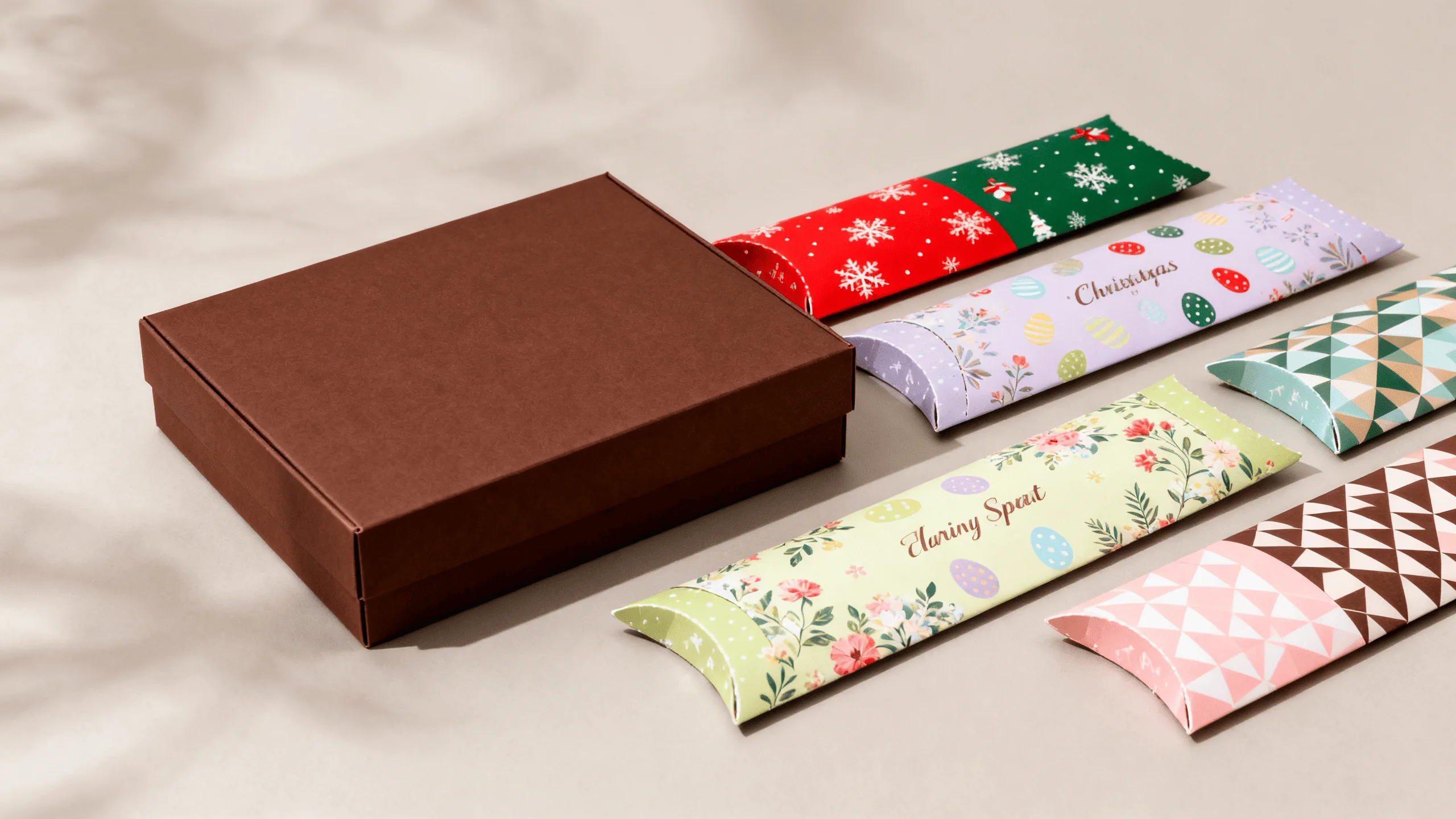 A plain, high-quality base box next to several beautifully printed custom sleeves for different holidays or flavors.