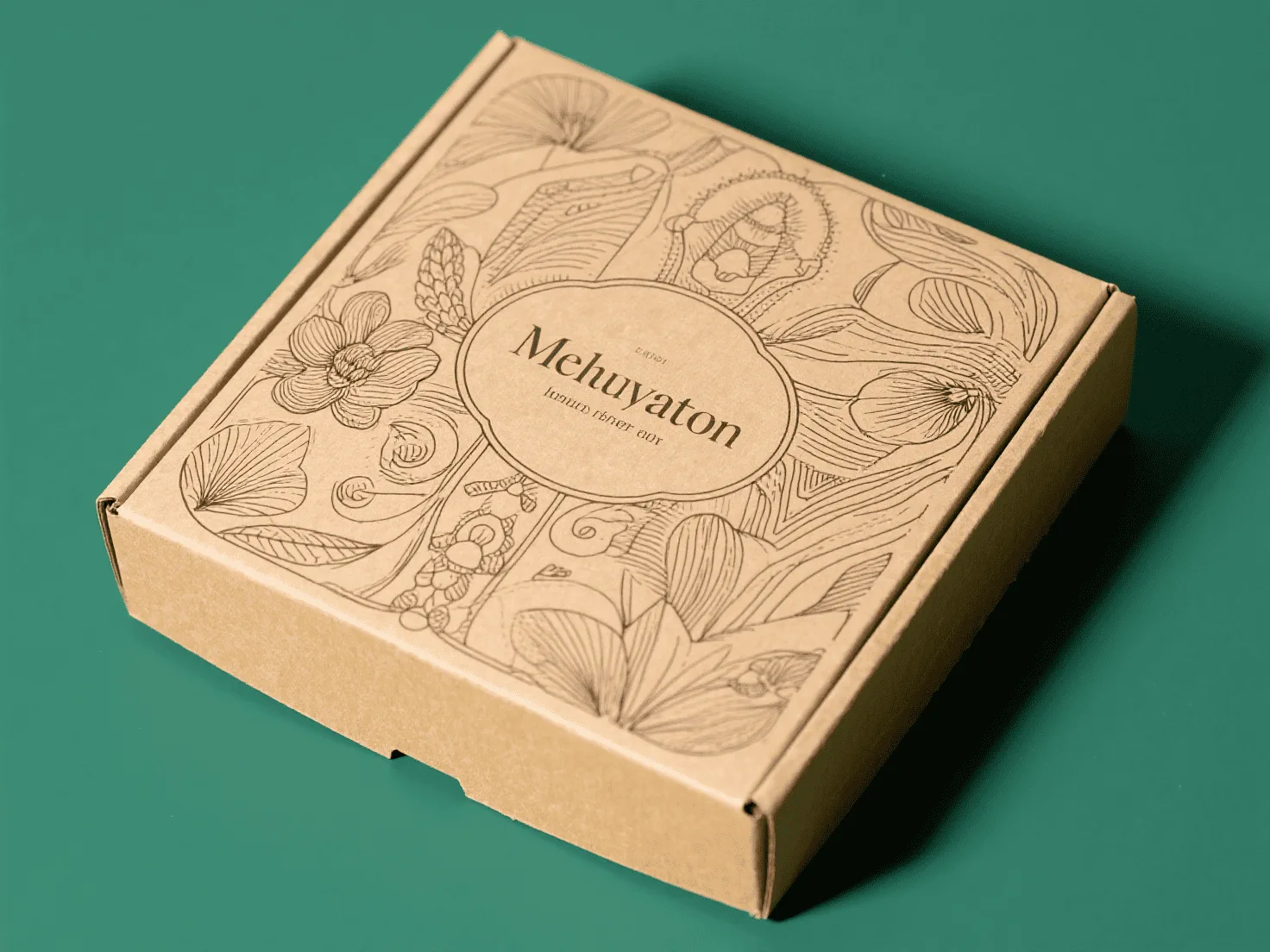 A kraft paper box with intricate line art illustrations and elegant serif typography.