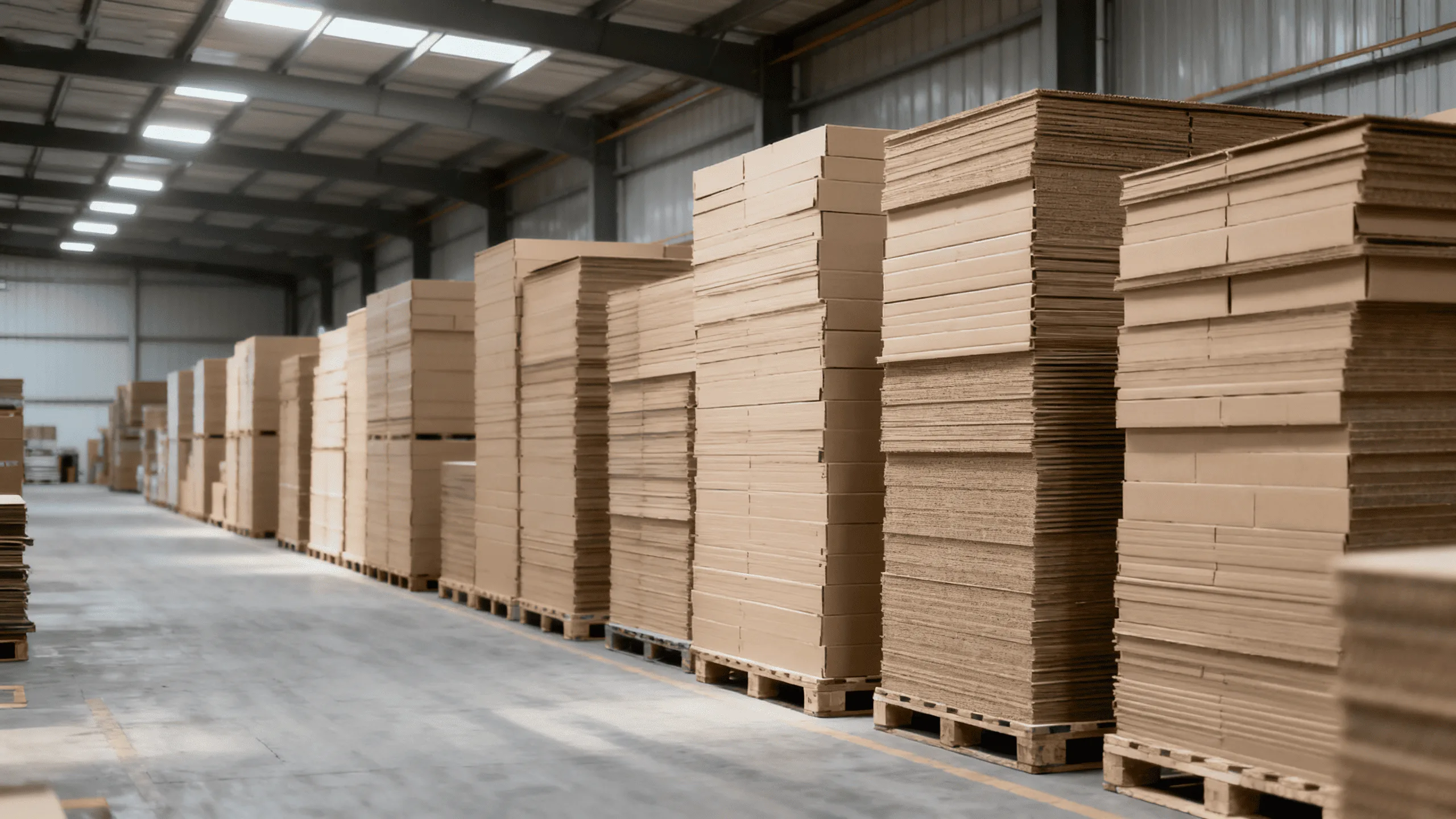 A warehouse aisle showing large, neatly stacked pallets of flattened, ready-to-assemble custom boxes.