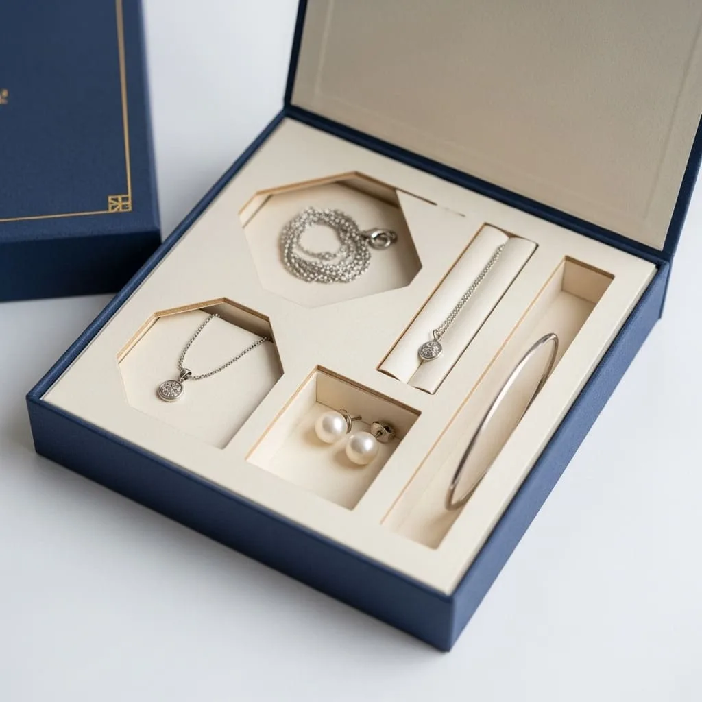 Paperboard insert for paper jewelry boxes — die‑cut card stock with slits for rings, earrings, and necklaces