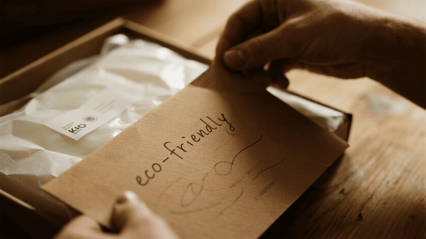 A customer happily unboxing a product wrapped in branded, eco-friendly kraft paper.