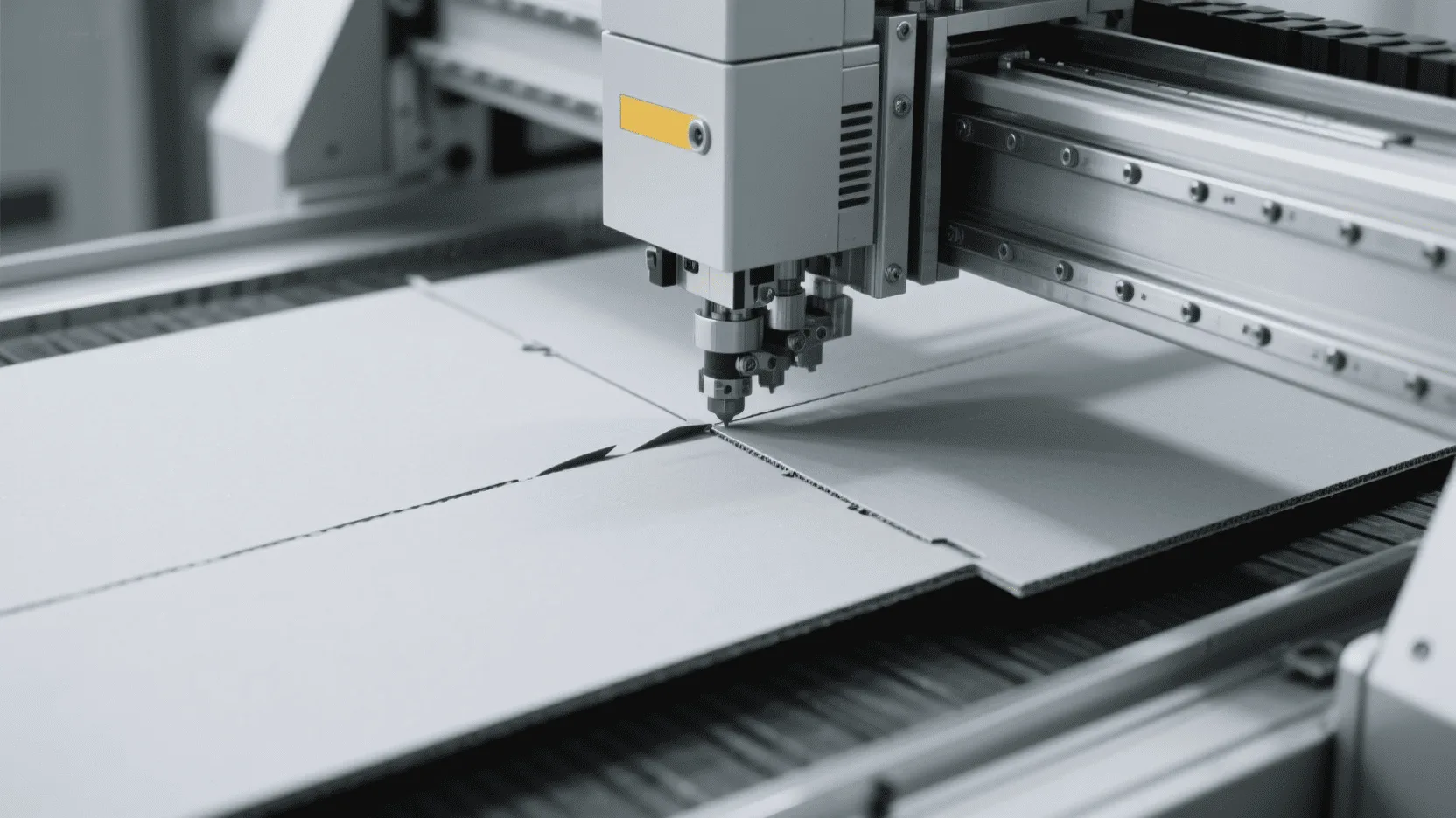 An automated machine precisely scoring and folding a piece of greyboard to create the sharp edges of a rigid box.