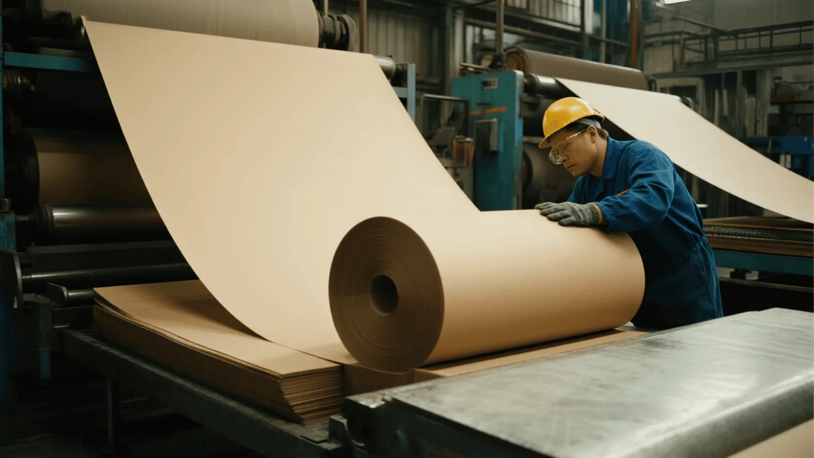 A factory worker inspecting a large sheet of kraft paper for color consistency and texture.