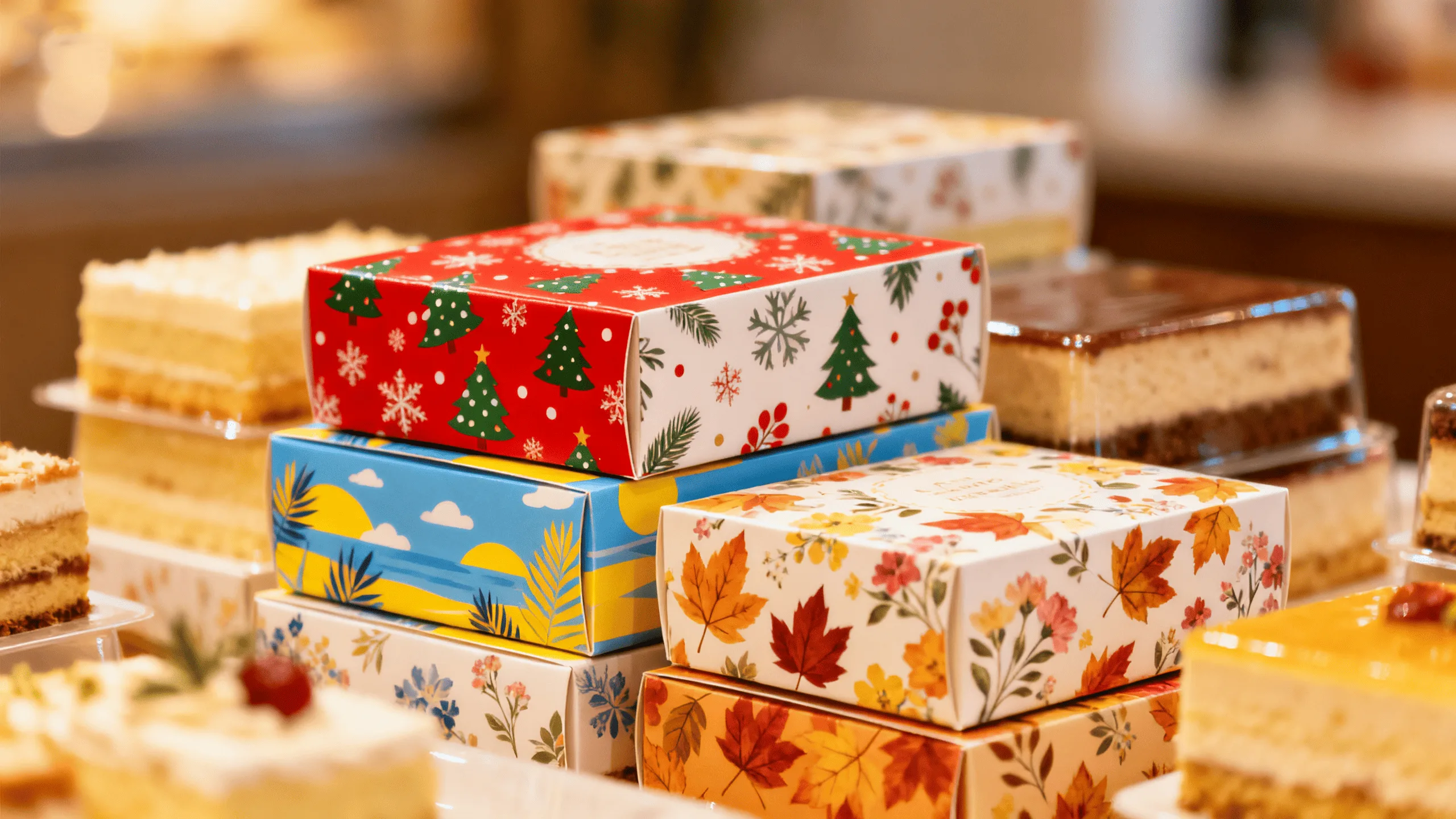 A stack of dessert boxes with different seasonal designs, such as holiday themes and summer patterns.