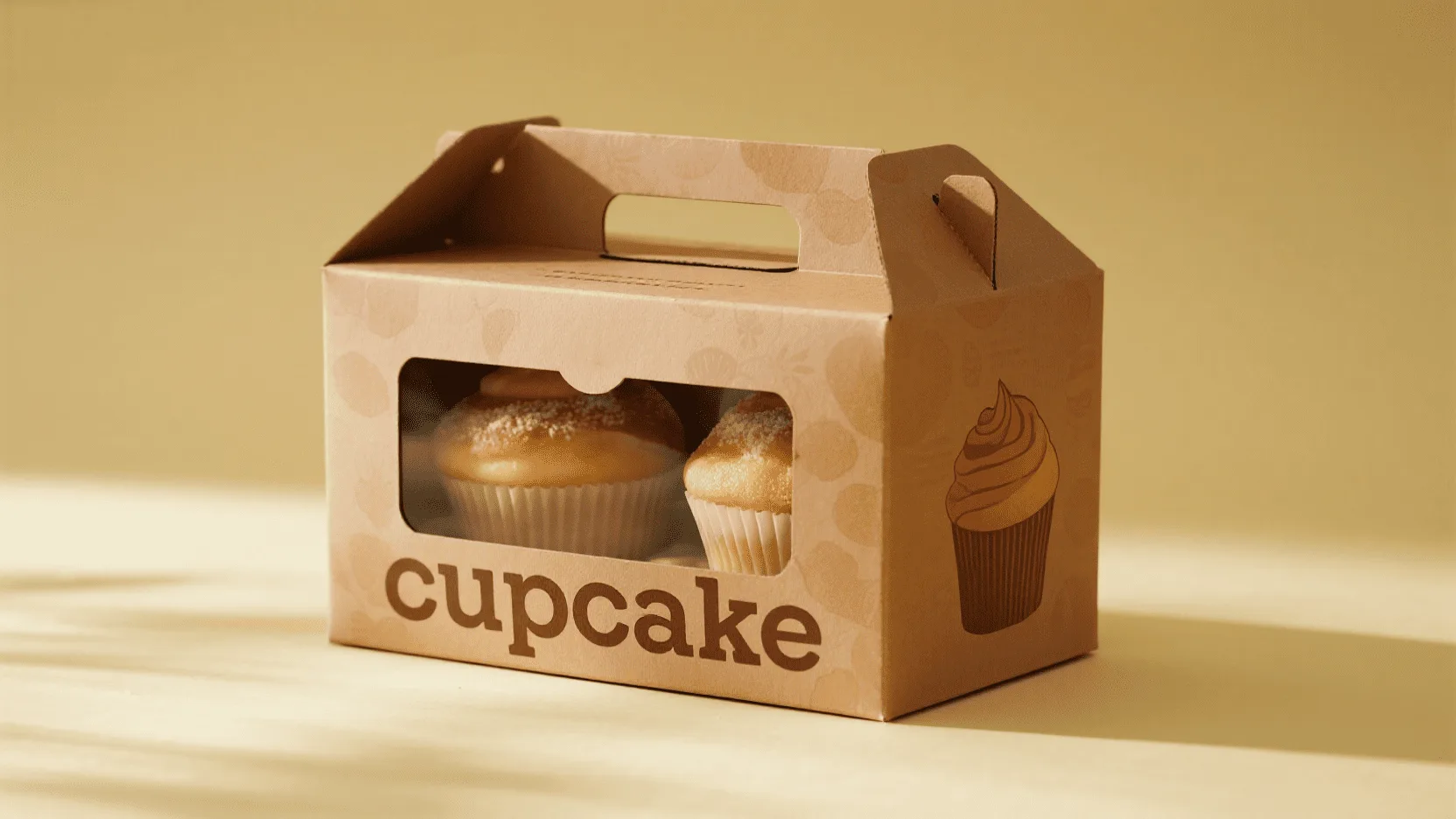 A close-up of a custom-stamped kraft paper bakery box holding a single, perfect cupcake.