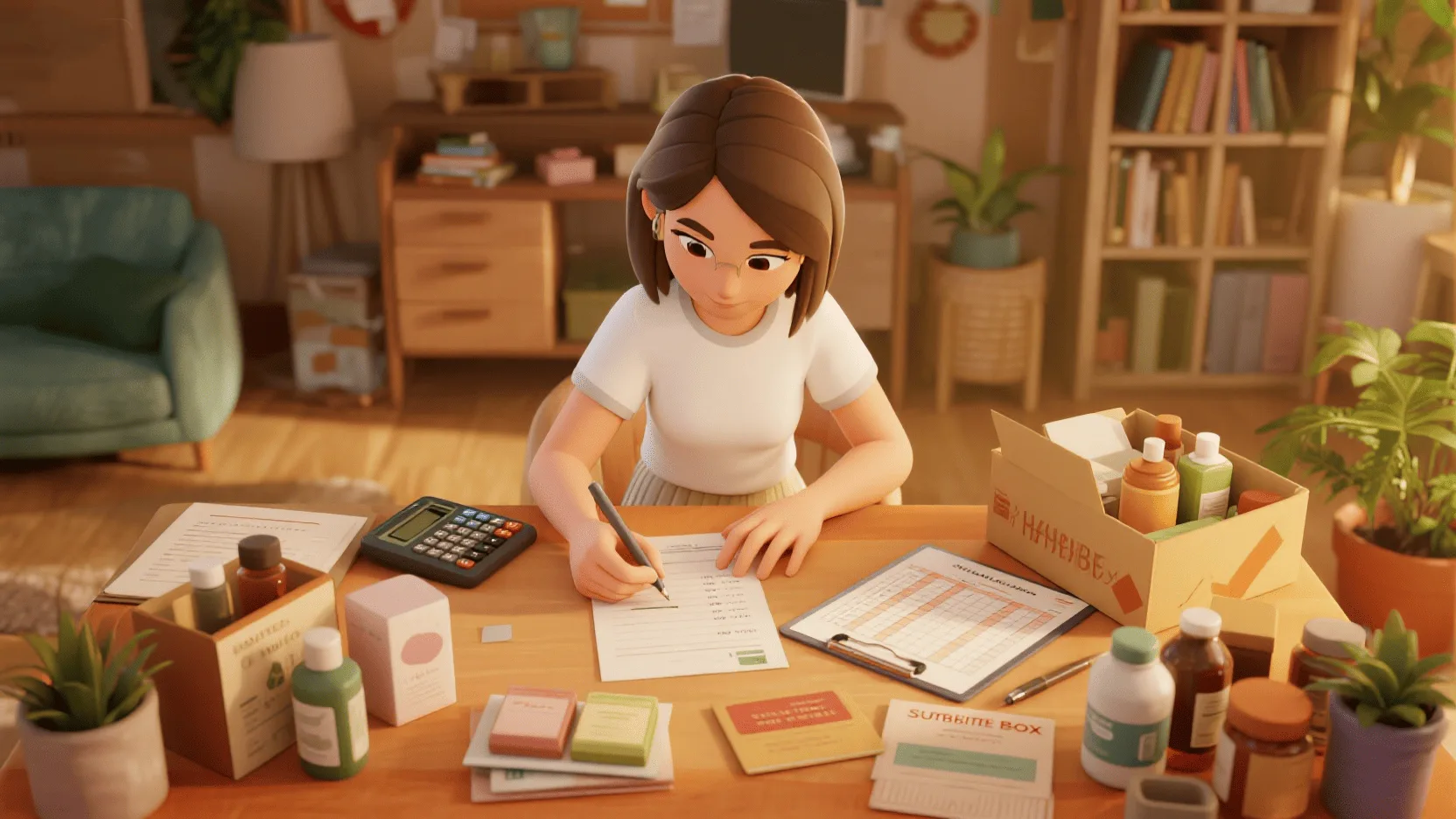 A person at a desk with packaging samples, a calculator, and a spreadsheet, planning the budget for a subscription box.