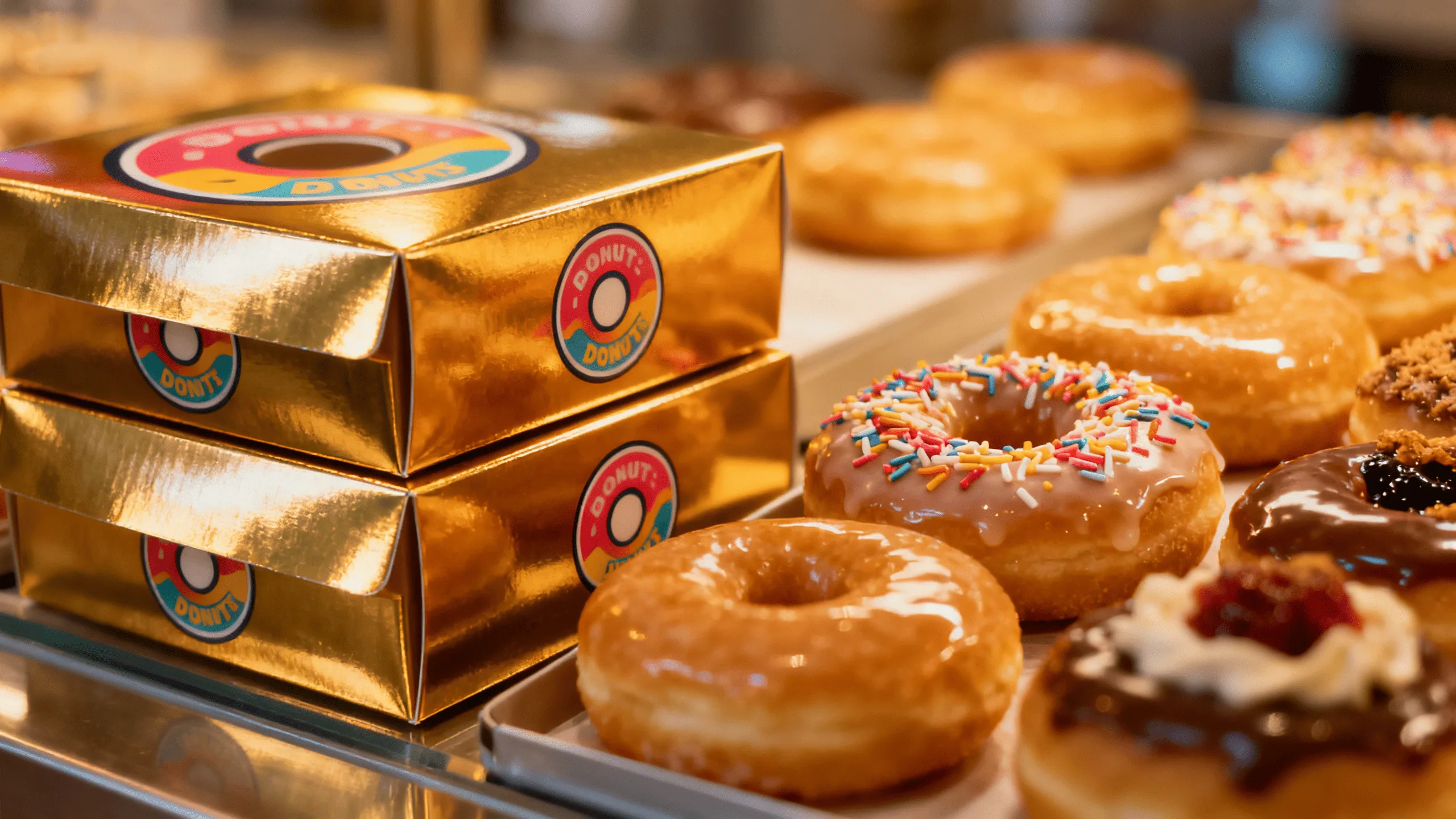 A stack of beautifully designed, branded donut boxes next to a display of delicious-looking donuts.